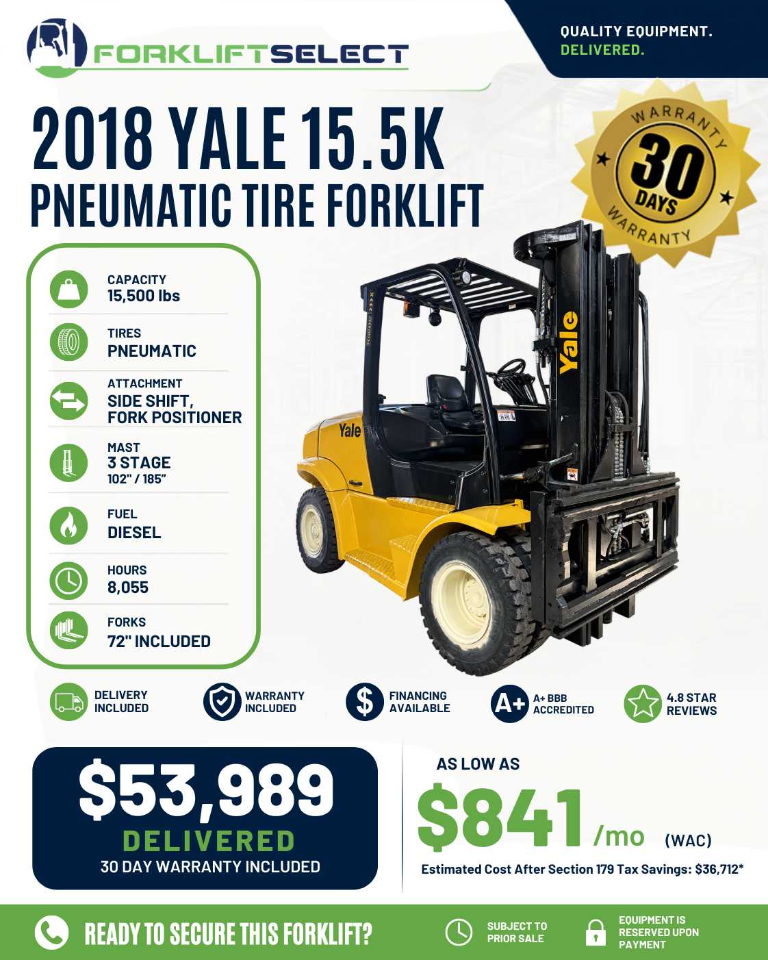 2018 Yale 15.5K Pneumatic Tire Fork...