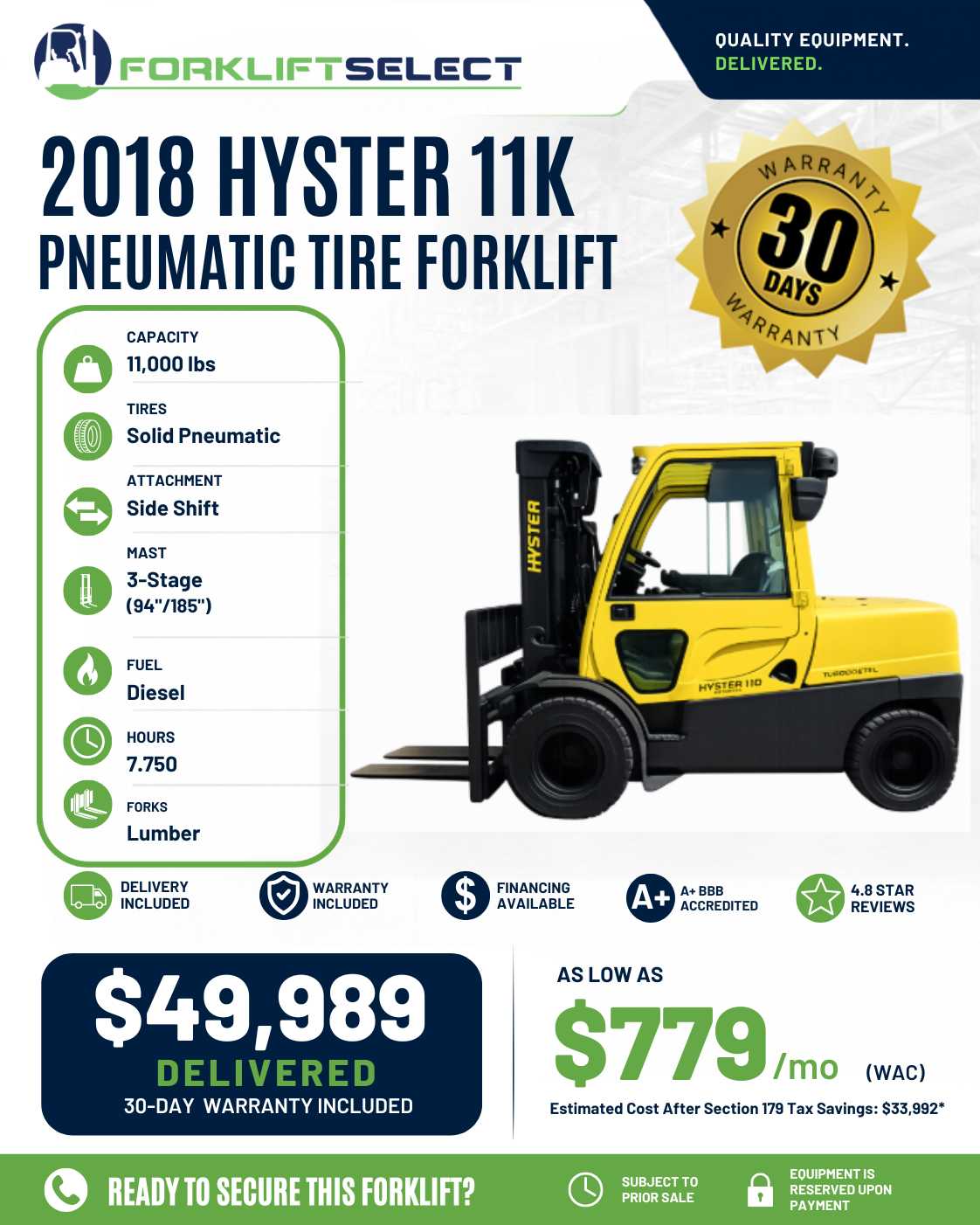 2018 Hyster 11K Pneumatic Tire Fork...