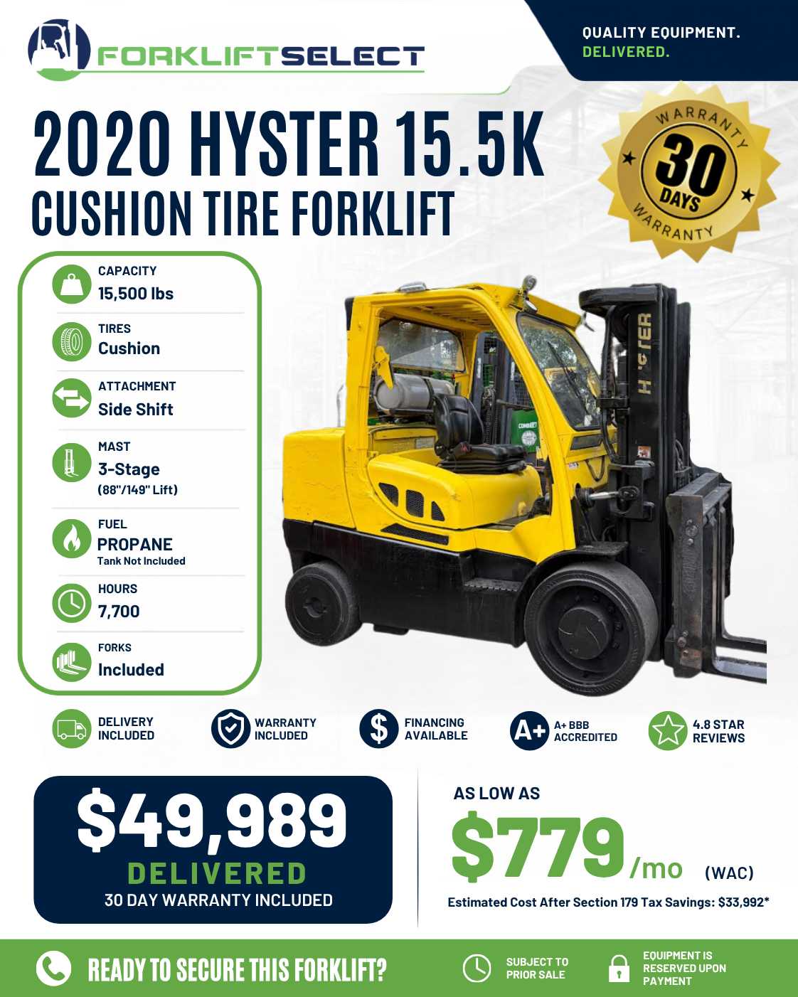 2020 Hyster 15.5K Cushion Tire Fork...
