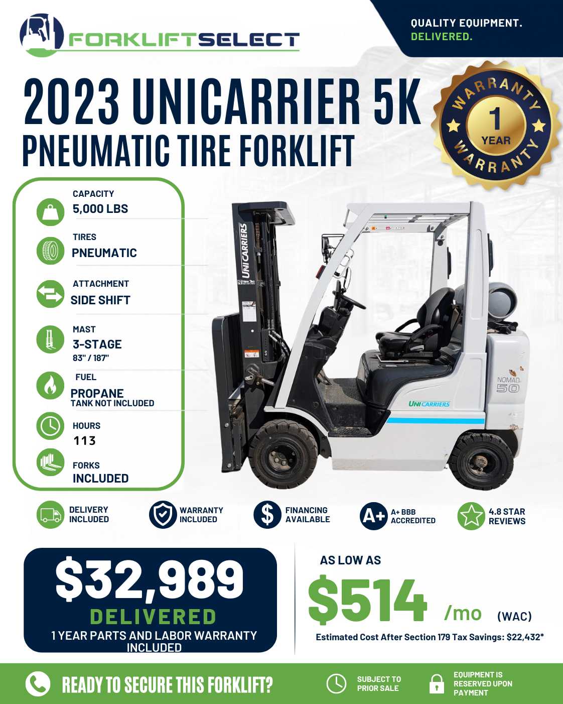 2023 UniCarrier 5K Pneumatic Tire F...
