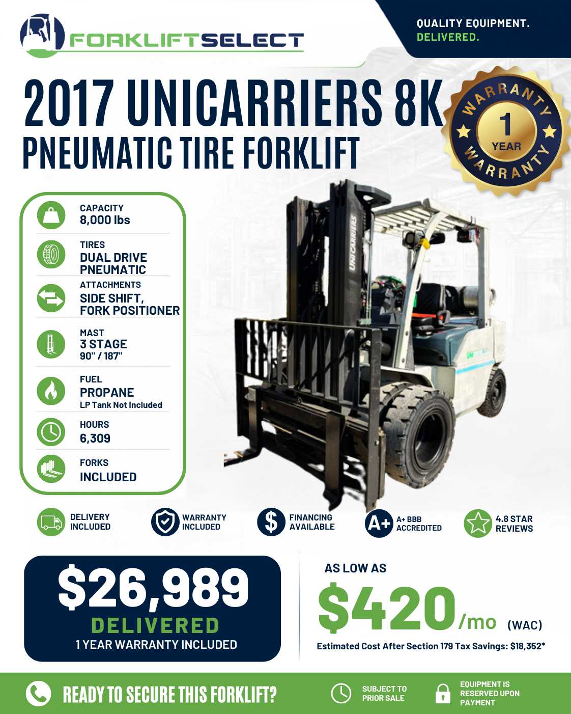 2017 UniCarriers 8K Pneumatic Tire ...