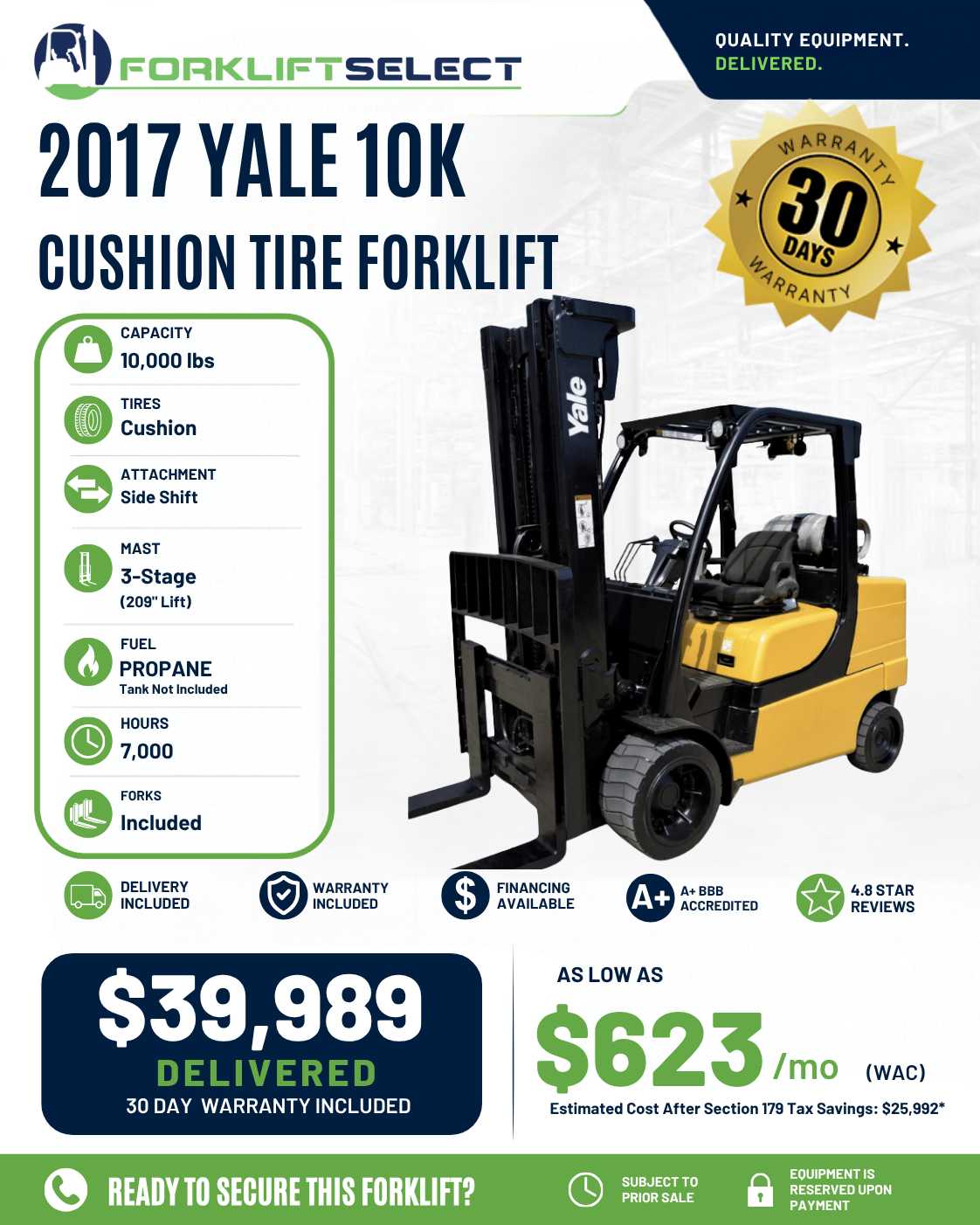 2017 Yale 10K Cushion Tire Forklift...