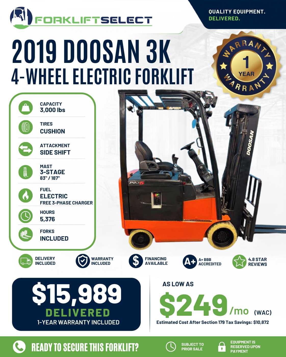 2019 Doosan 3K Cushion Tire Forklif...