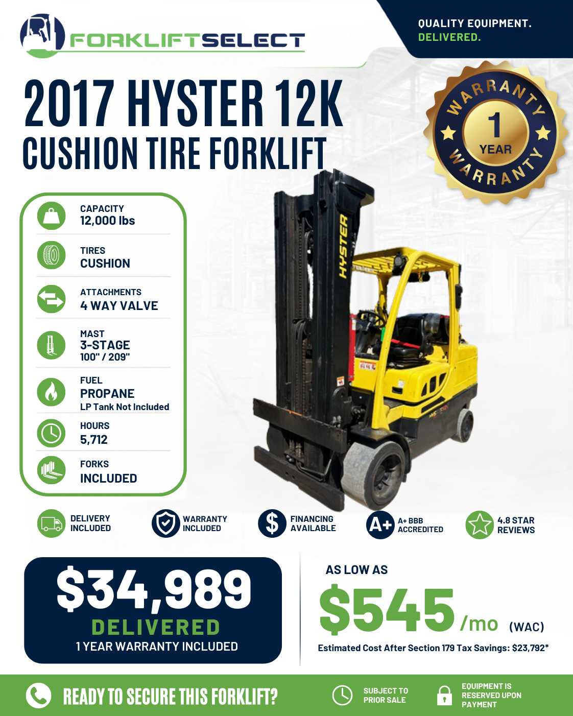 2017 Hyster 12K Cushion Tire Forkli...