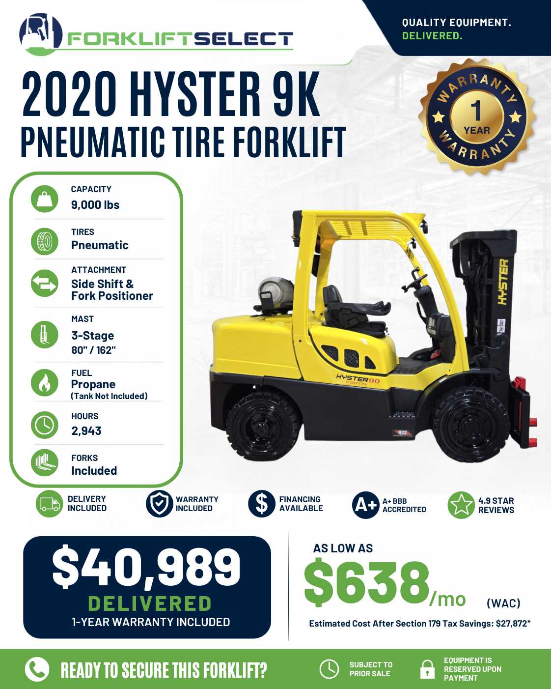 2020 Hyster 9K Pneumatic Tire Forkl...