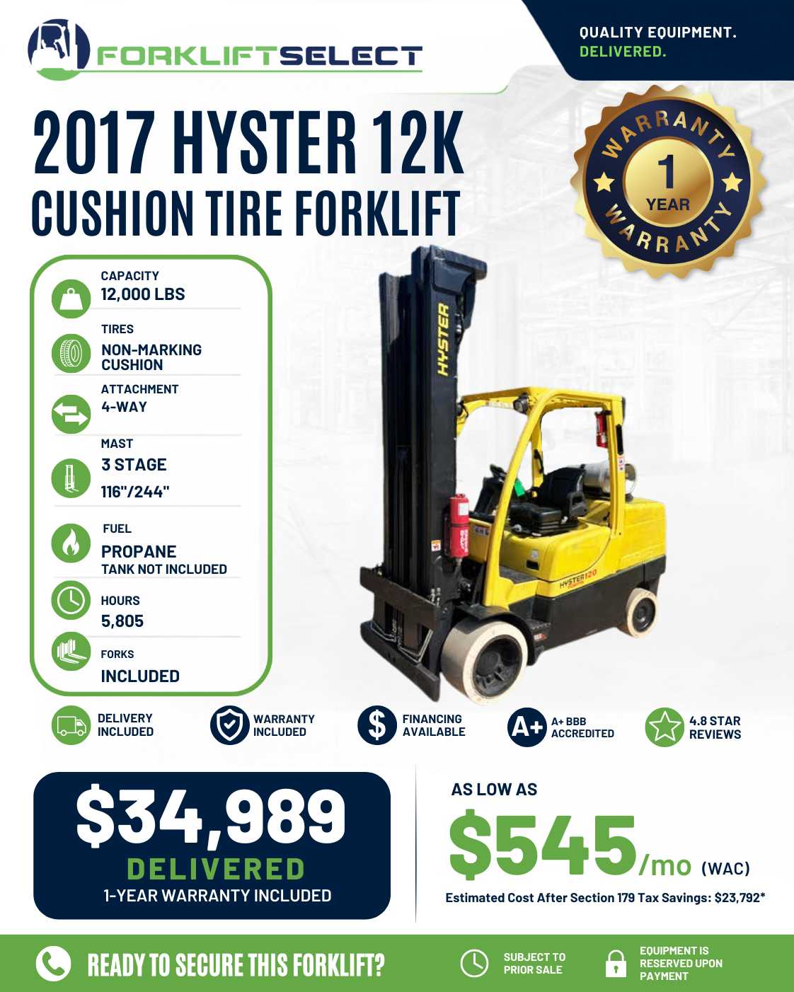 2017 Hyster 12K Cushion Tire Forkli...