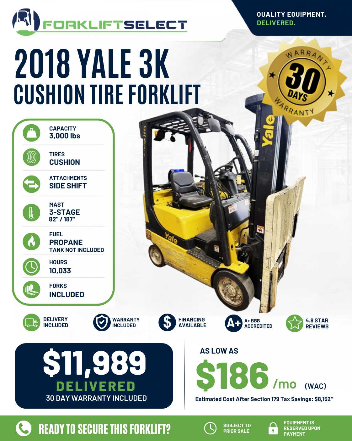 2018 Yale 3K Cushion Tire Forklift