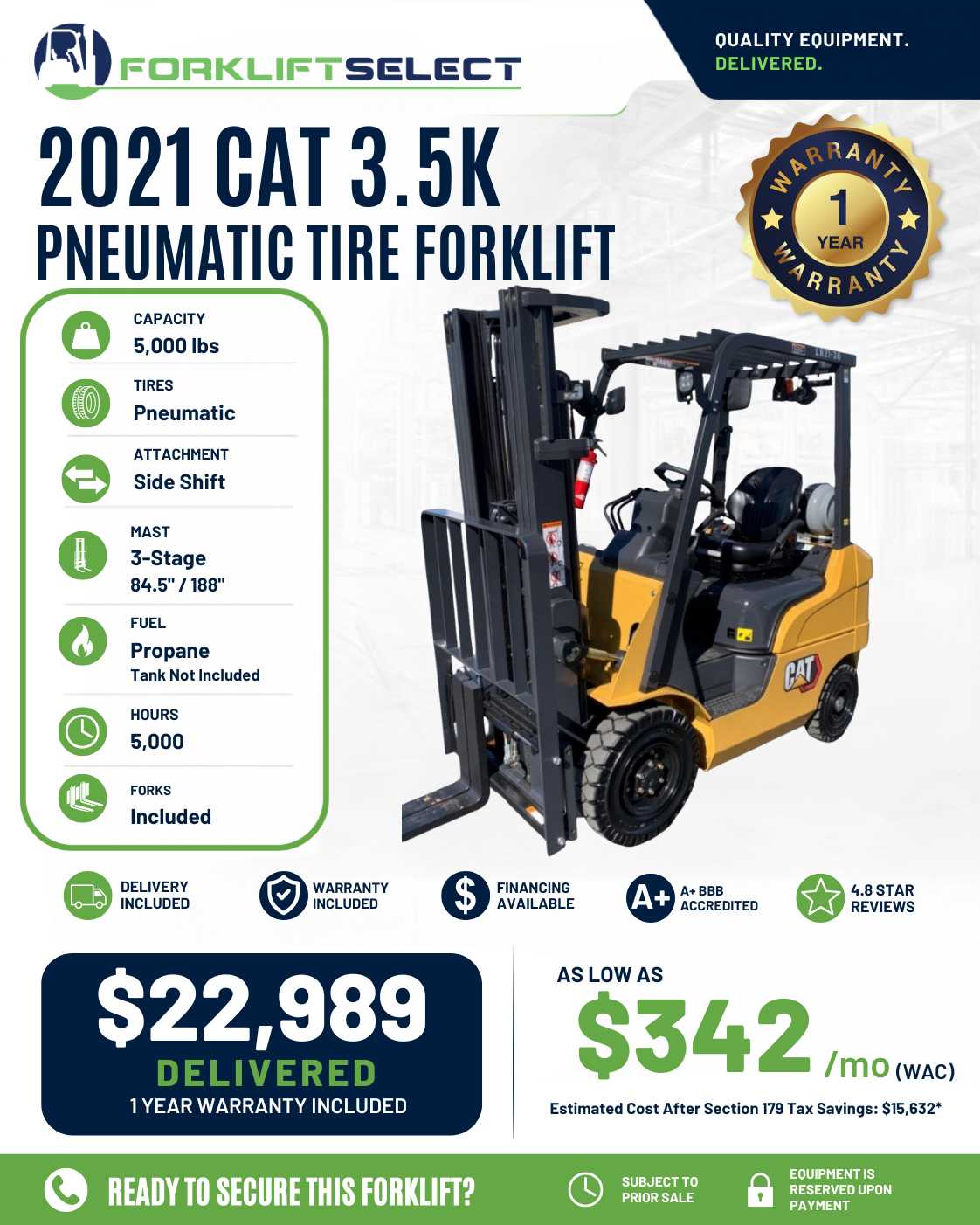 2021 CAT 3.5K Pneumatic Tire Forkli...