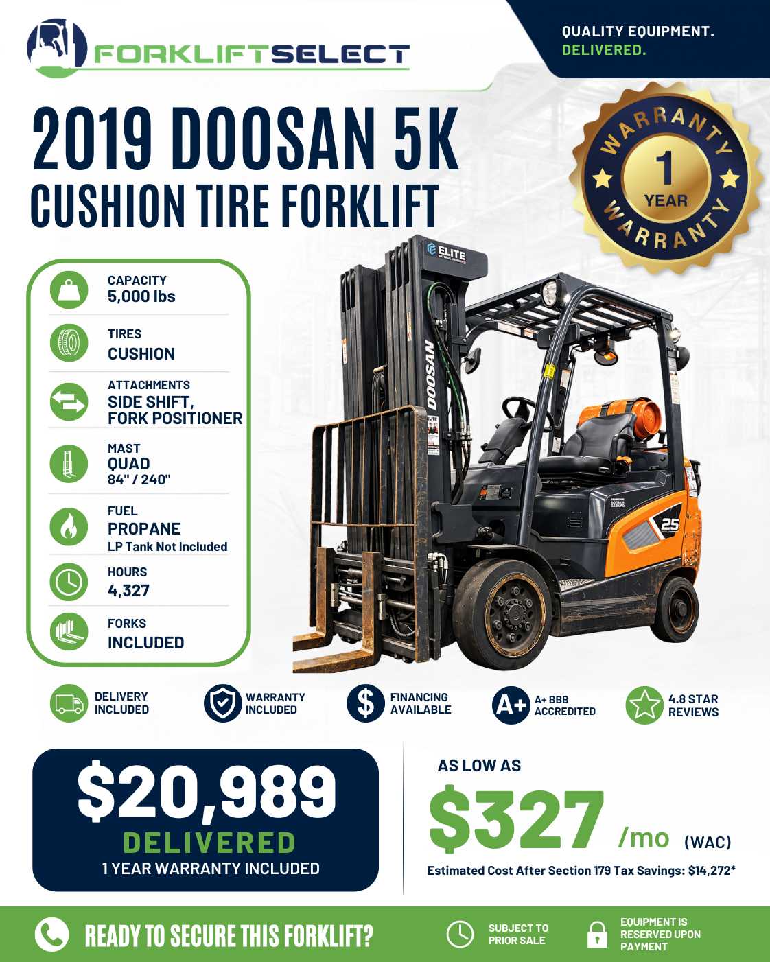 2019 Doosan 5K Cushion Tire Forklif...