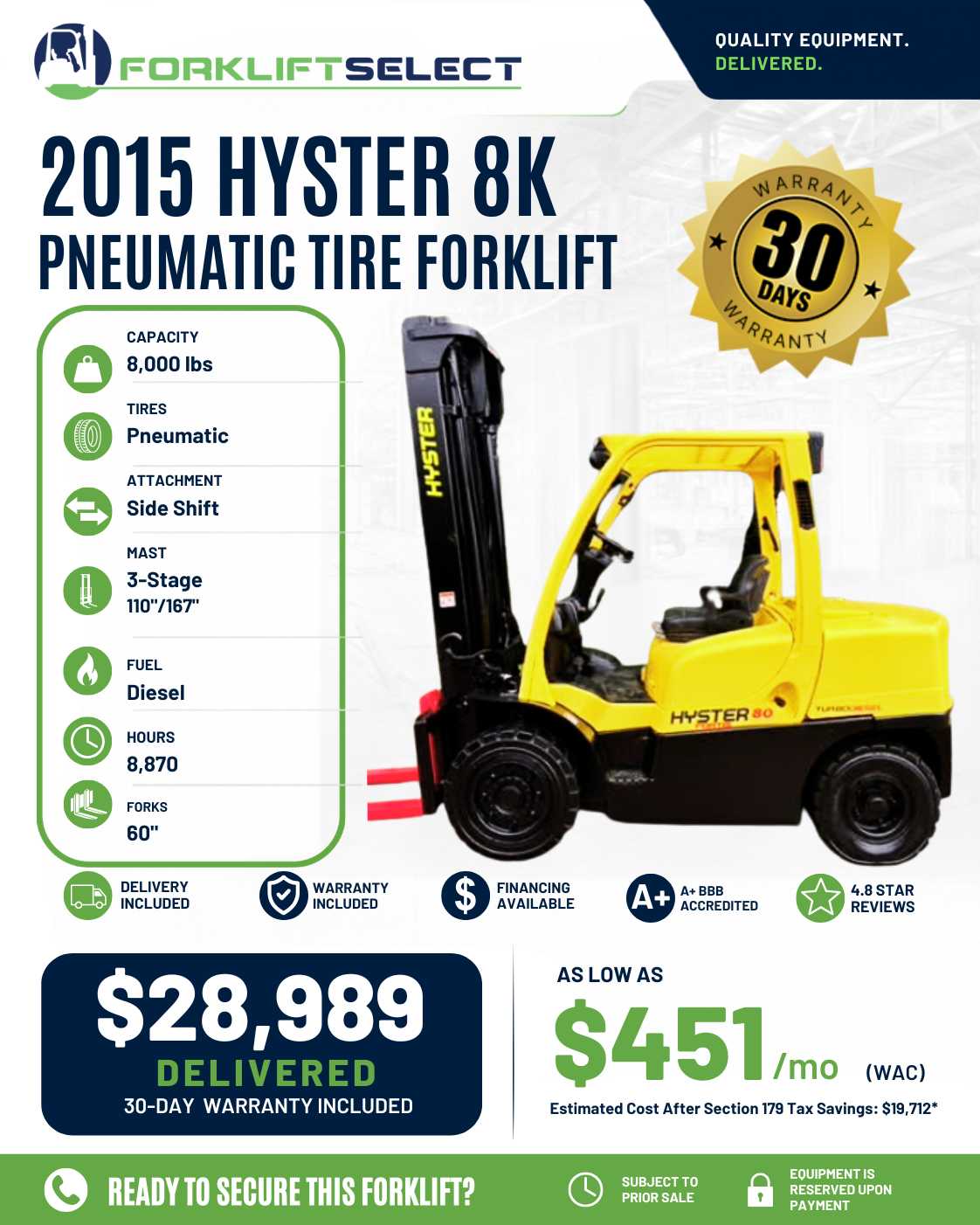 2015 Hyster 8K Pneumatic Tire Forkl...