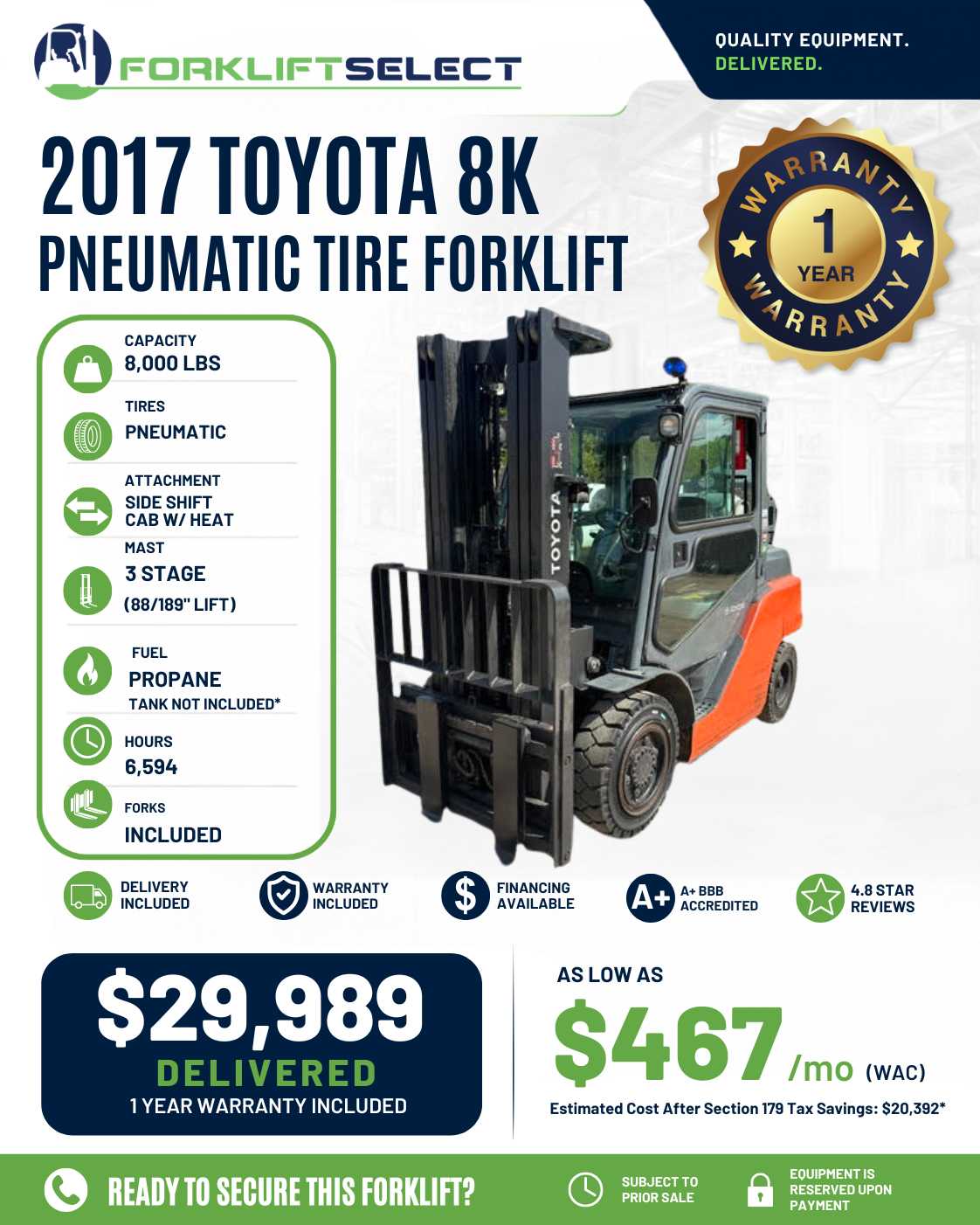 2017 Toyota 8K Pneumatic Tire Forkl...