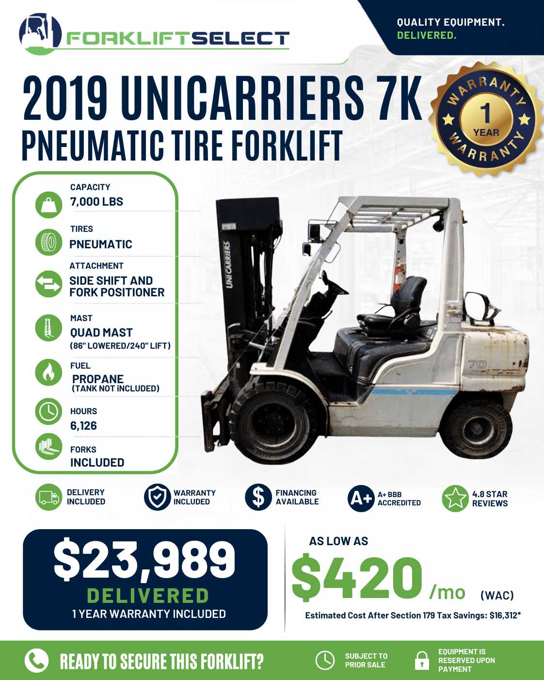 2019 UniCarriers 7K Pneumatic Tire ...