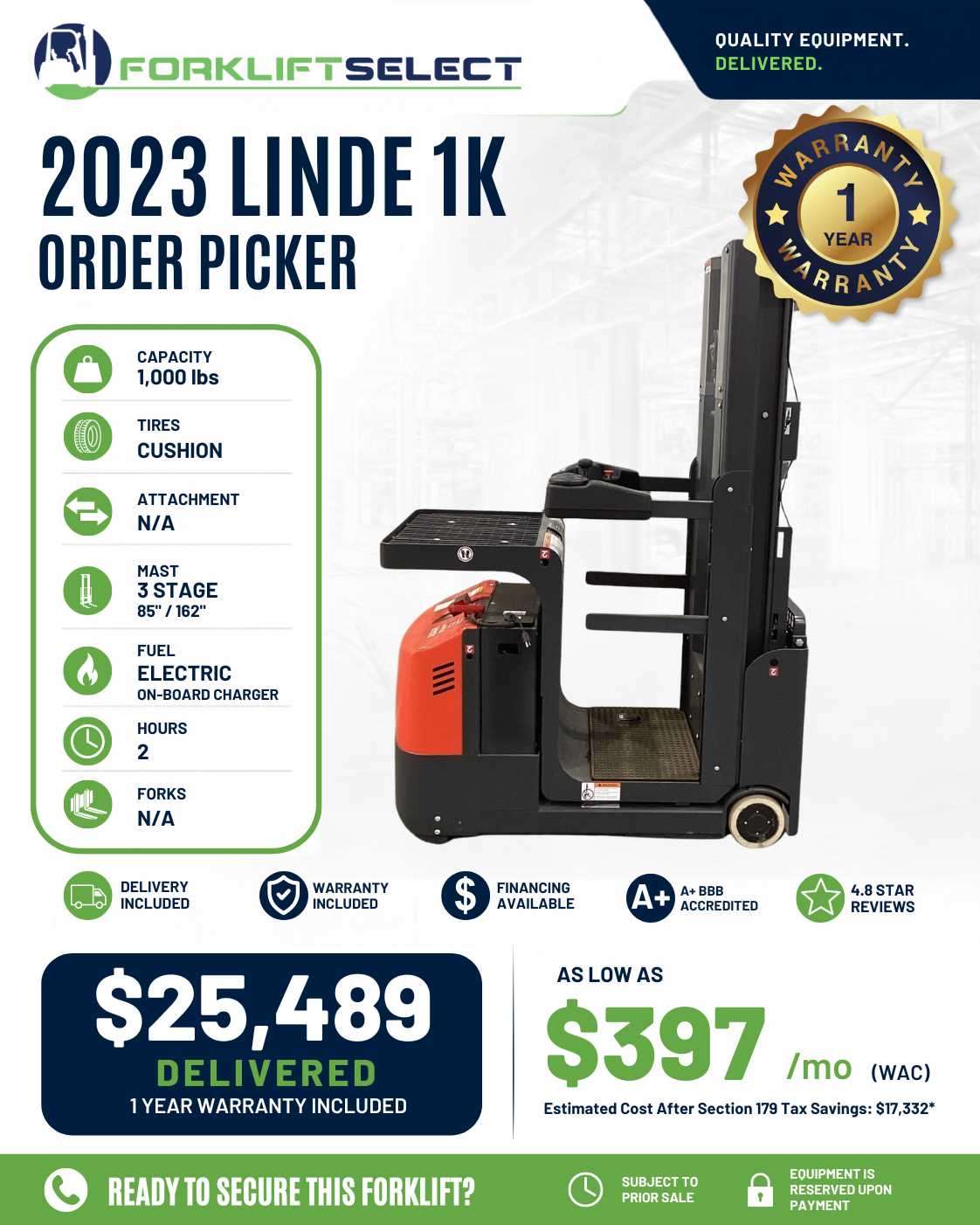 2023 Linde 1K Cushion Tire Forklift...