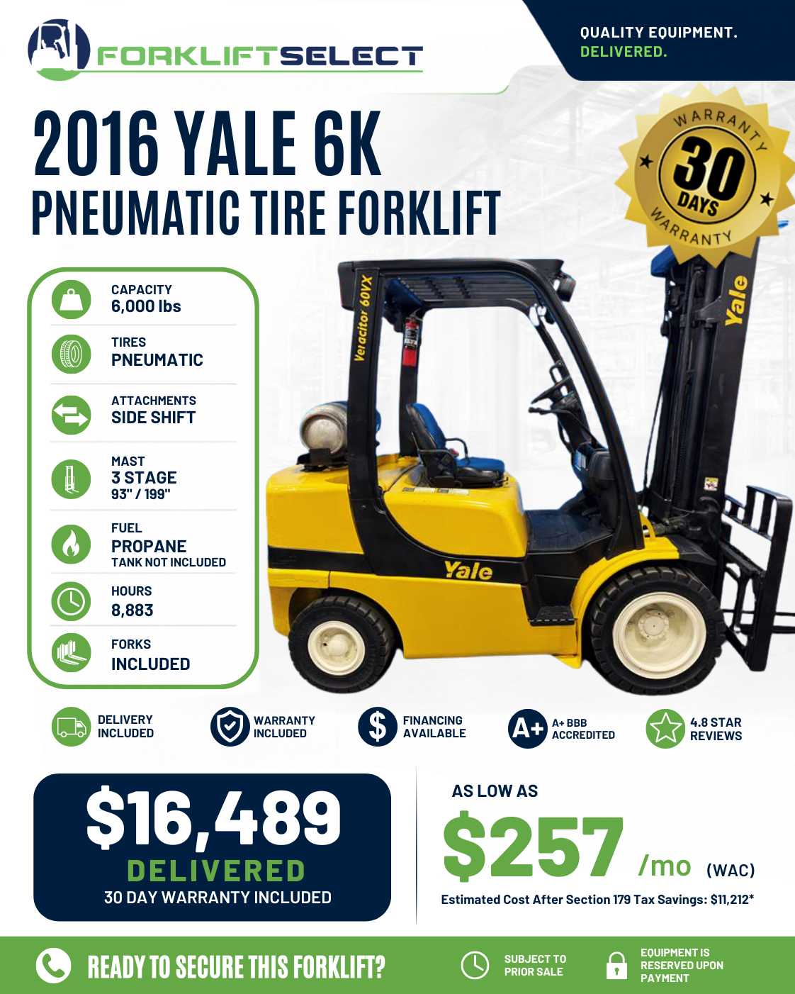 2016 Yale 6K Pneumatic Tire Forklif...