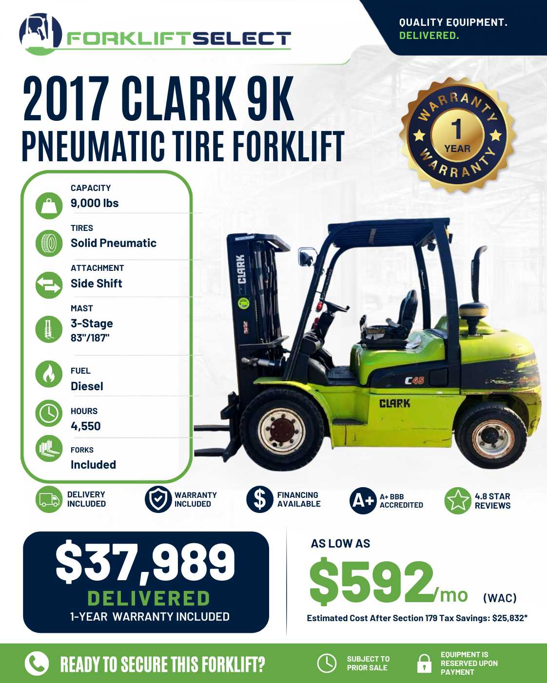 2017 Clark 9K Pneumatic Tire Forkli...