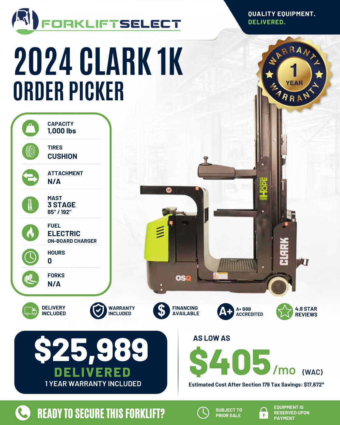 2024 Clark 1K Cushion Tire Forklift...