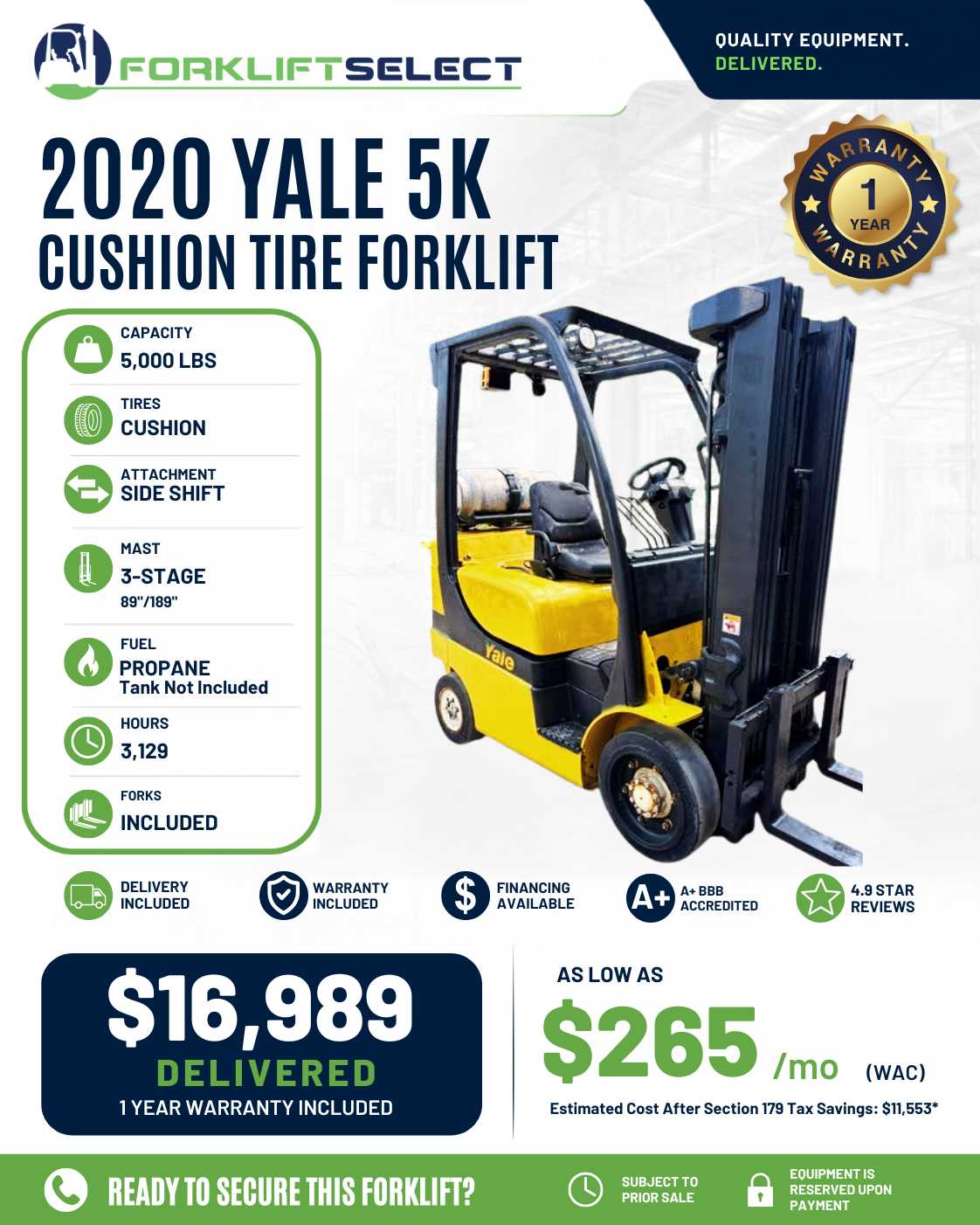 2020 Yale 5K Cushion Tire Forklift