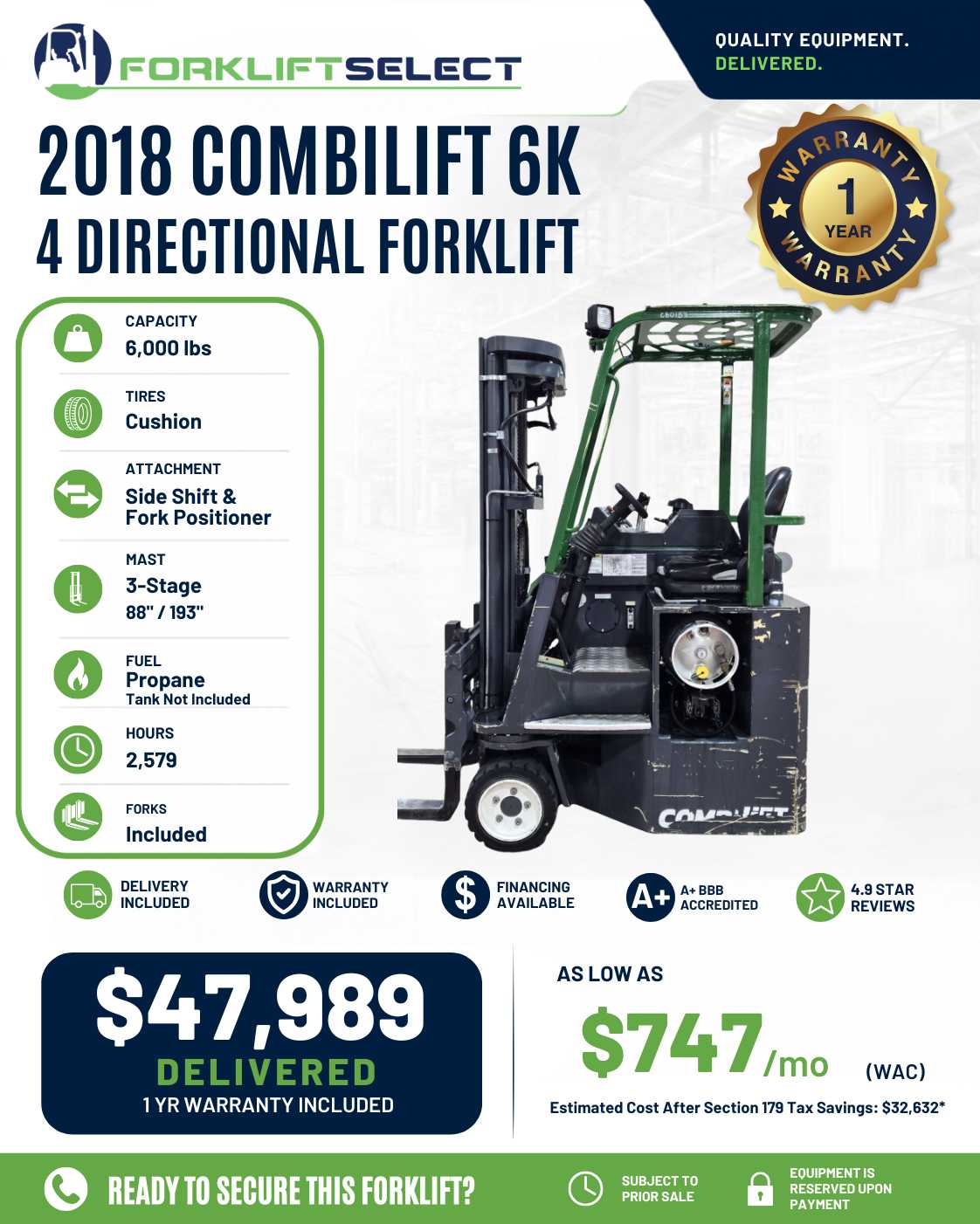 2018 Combilift 6K Cushion Tire Fork...
