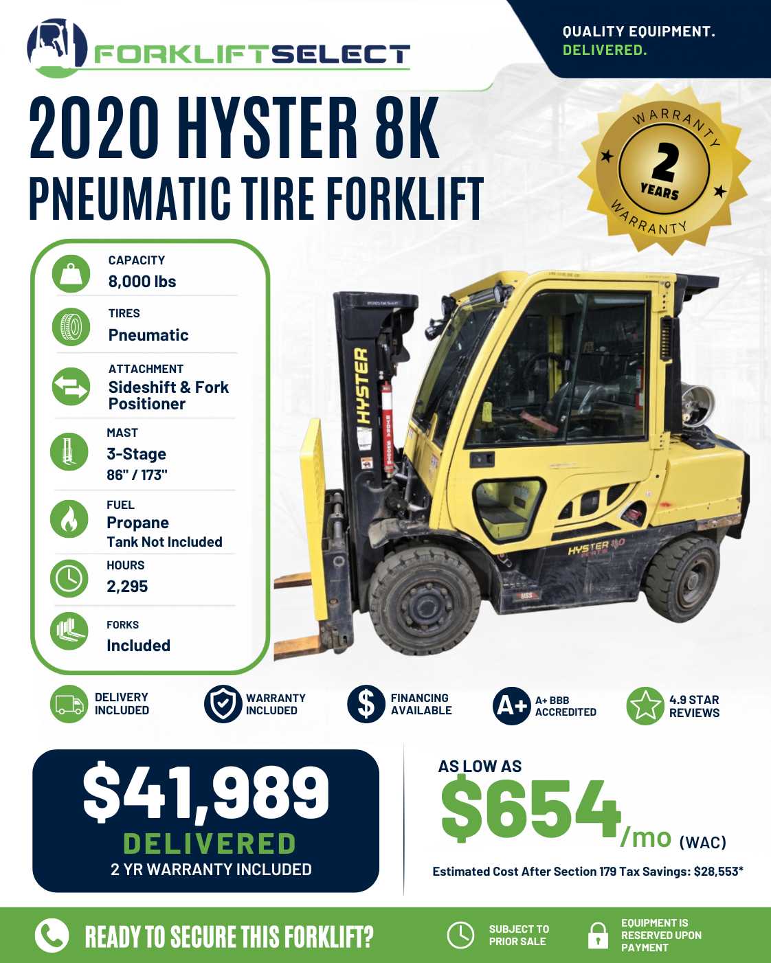 2020 Hyster 8K Pneumatic Tire Forkl...