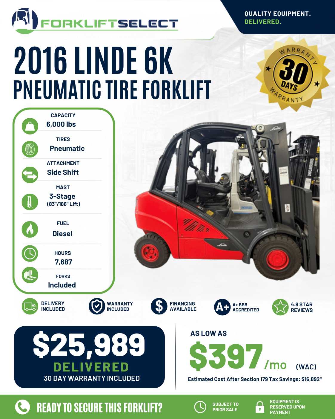 2016 Linde 6K Pneumatic Tire Forkli...