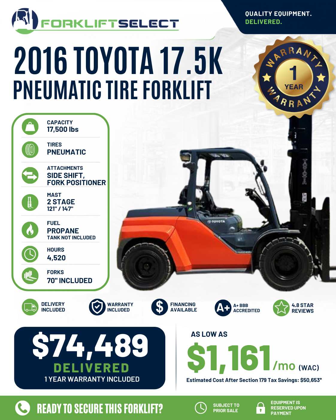 2016 Toyota 17.5K Pneumatic Tire Fo...