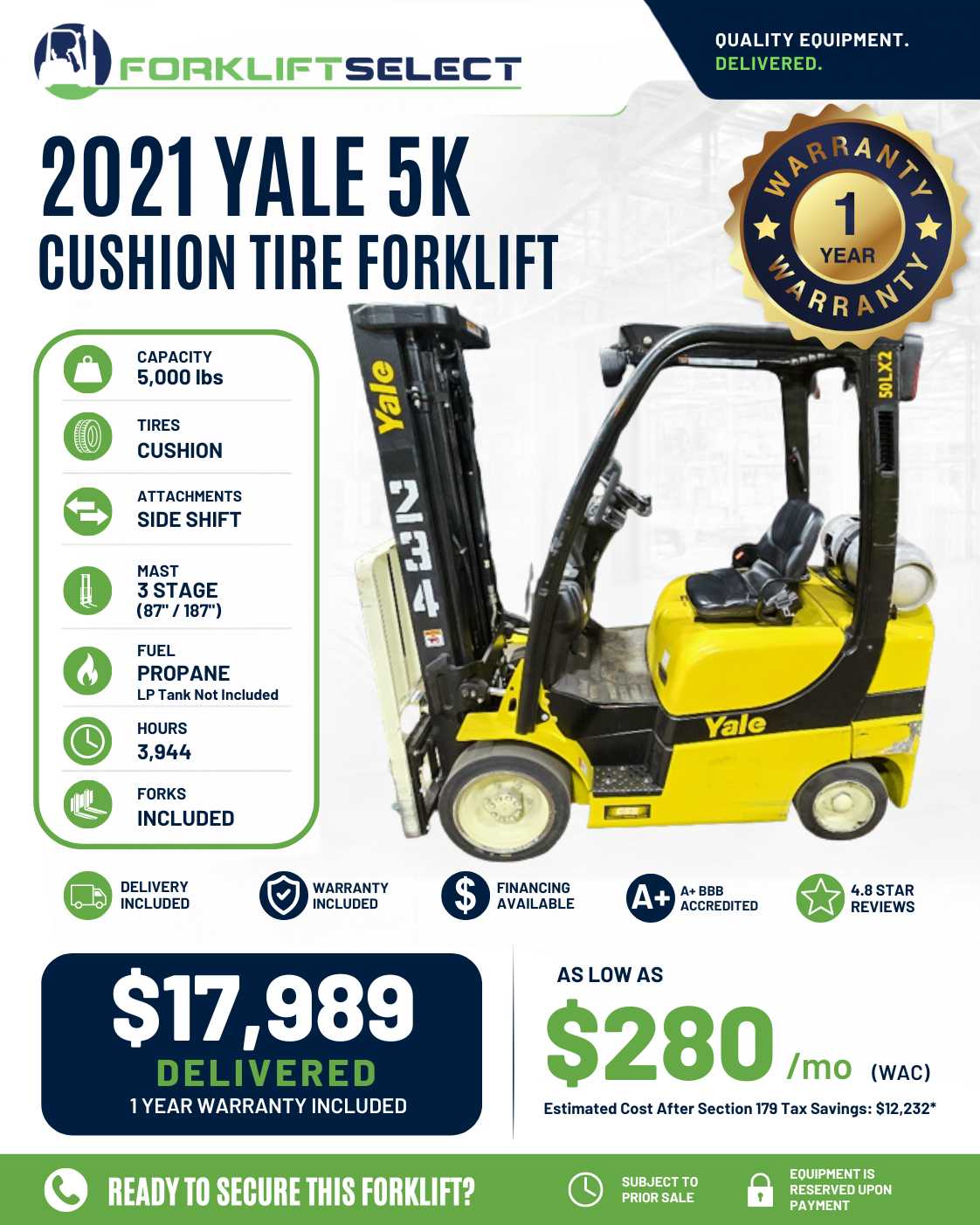 2021 Yale 5K Cushion Tire Forklift