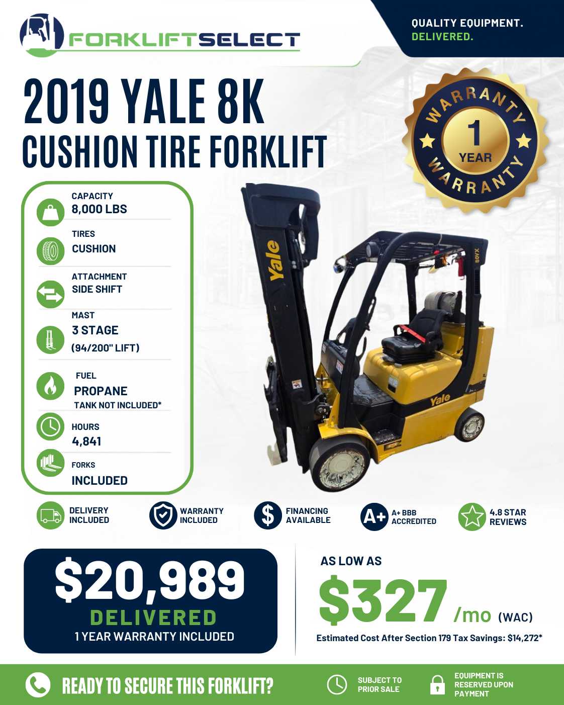 2019 Yale 8K Cushion Tire Forklift