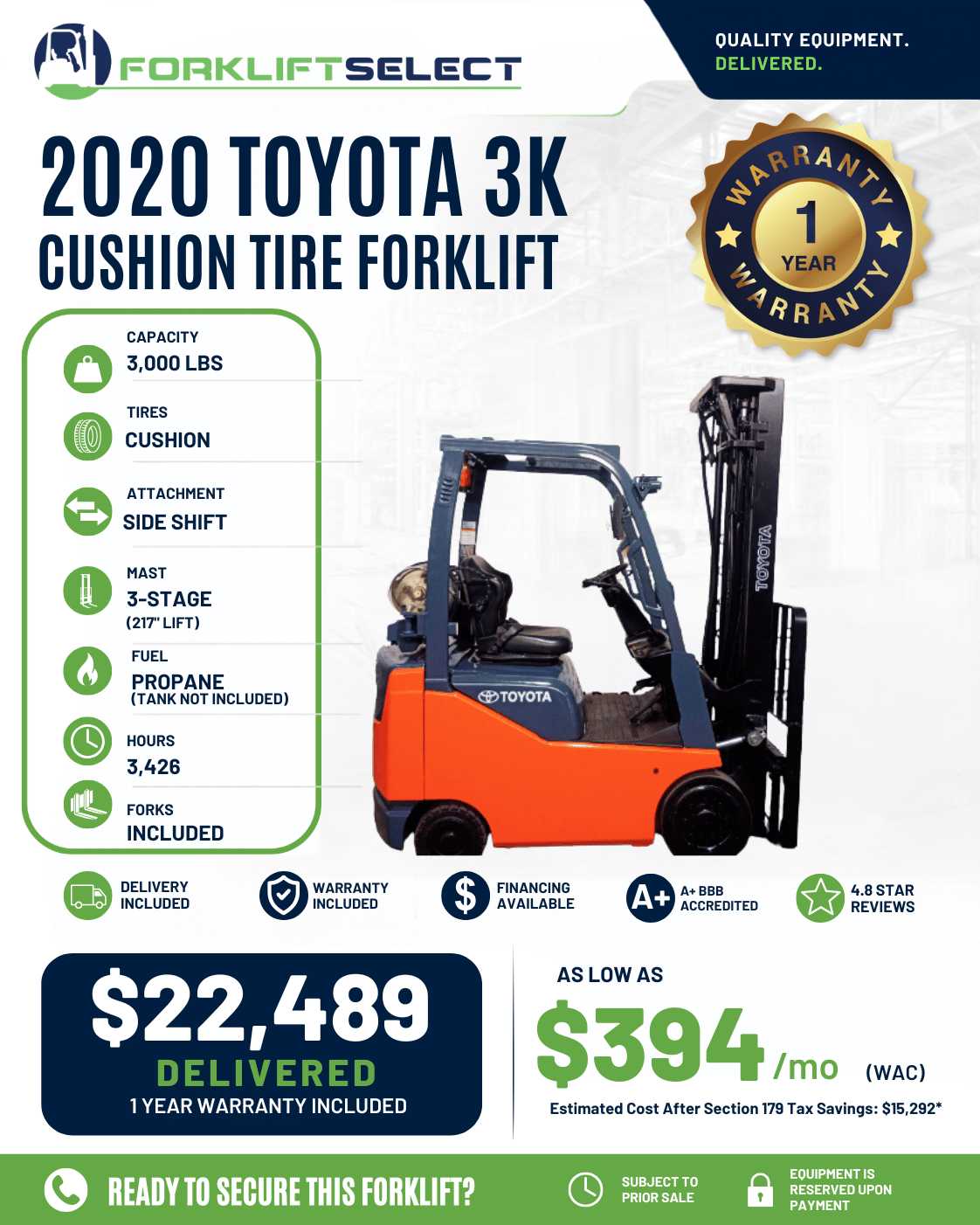2020 Toyota 3K Cushion Tire Forklif...