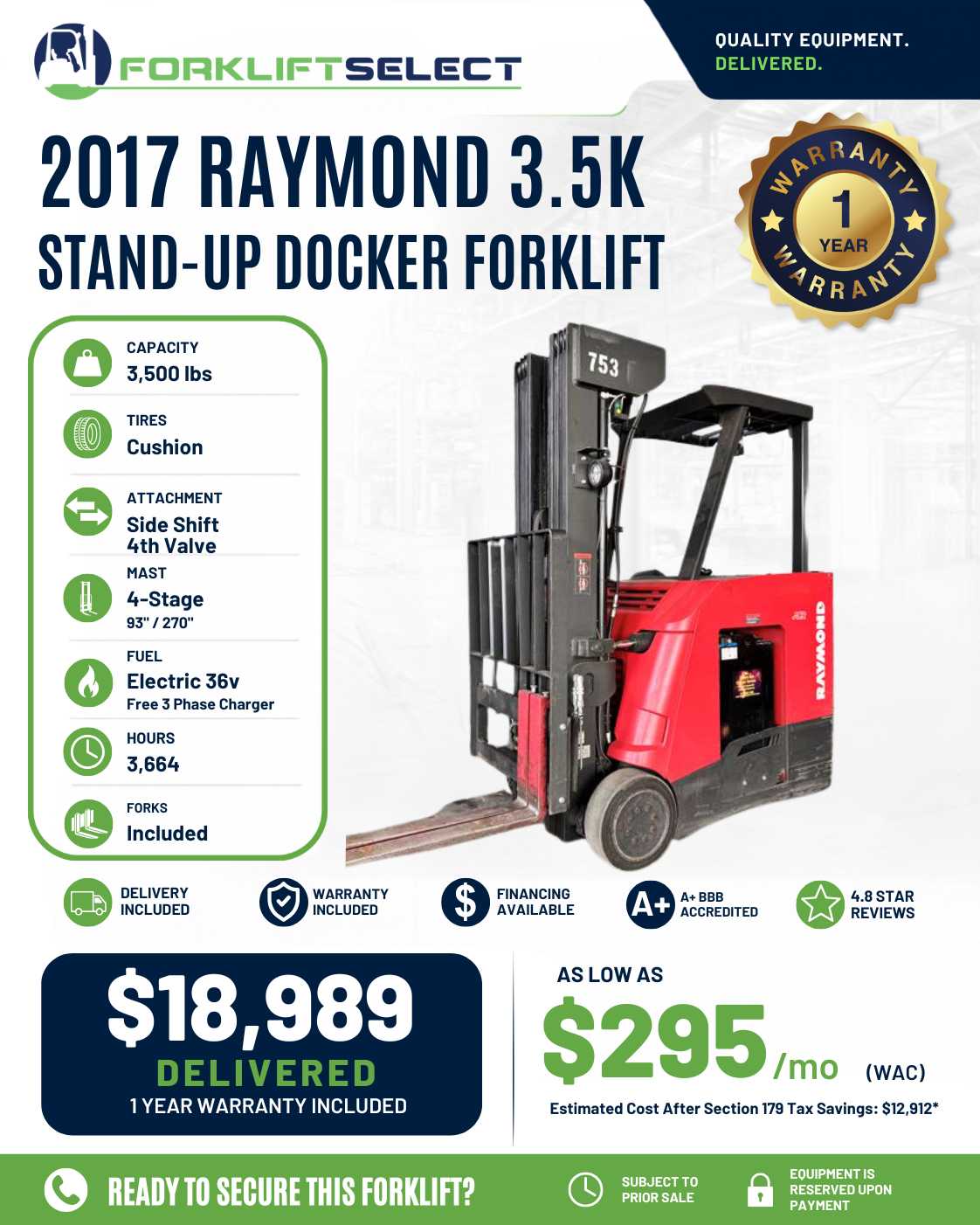 2017 Raymond 3.5K Cushion Tire Fork...
