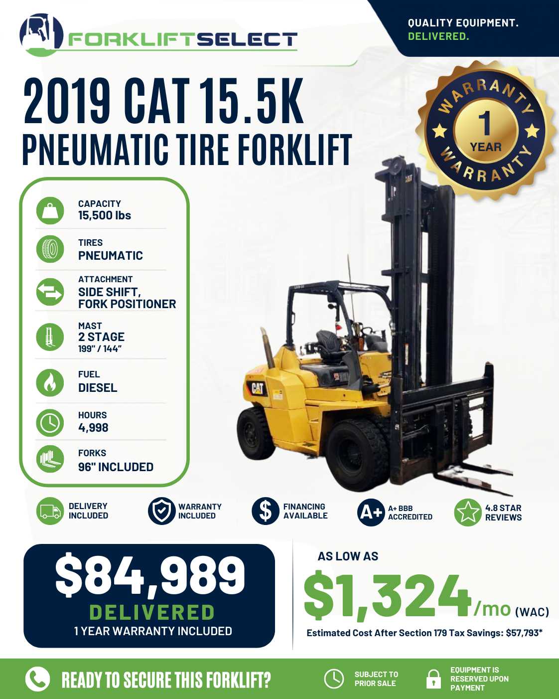 2019 CAT 15.5K Pneumatic Tire Forkl...