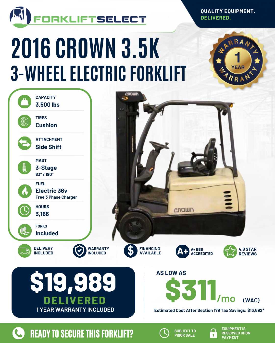 2016 Crown 3.5K Cushion Tire Forkli...