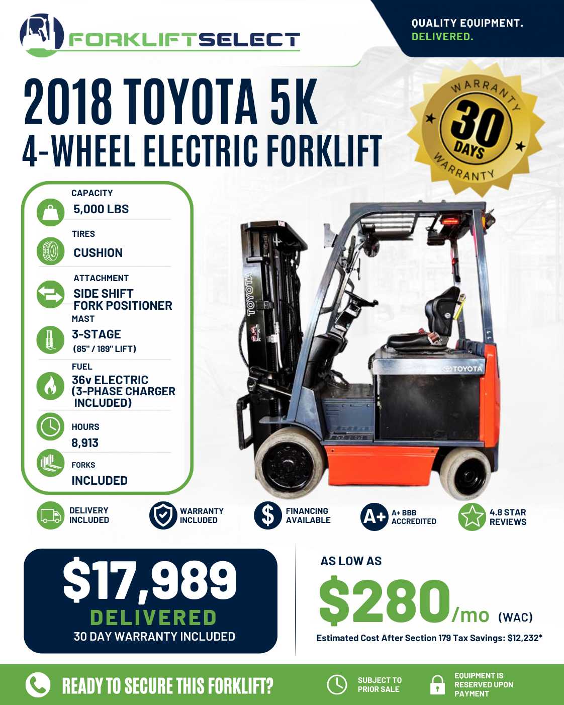 2018 Toyota 5K Cushion Tire Forklif...