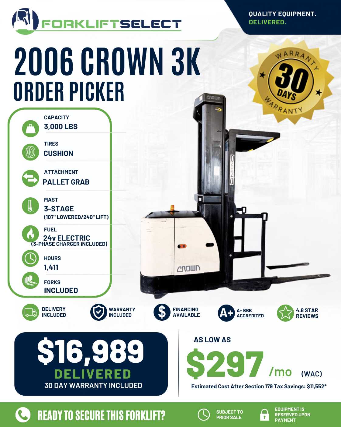 2006 Crown 3K Cushion Tire Forklift...