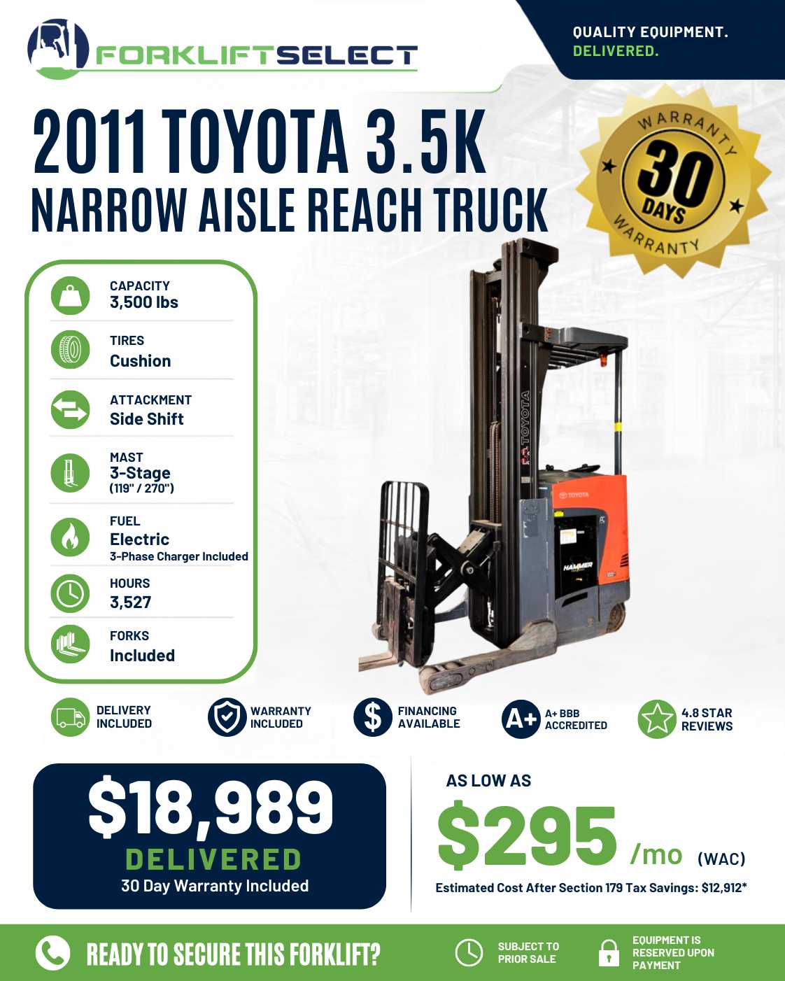 2011 Toyota 3.5K Cushion Tire Forkl...