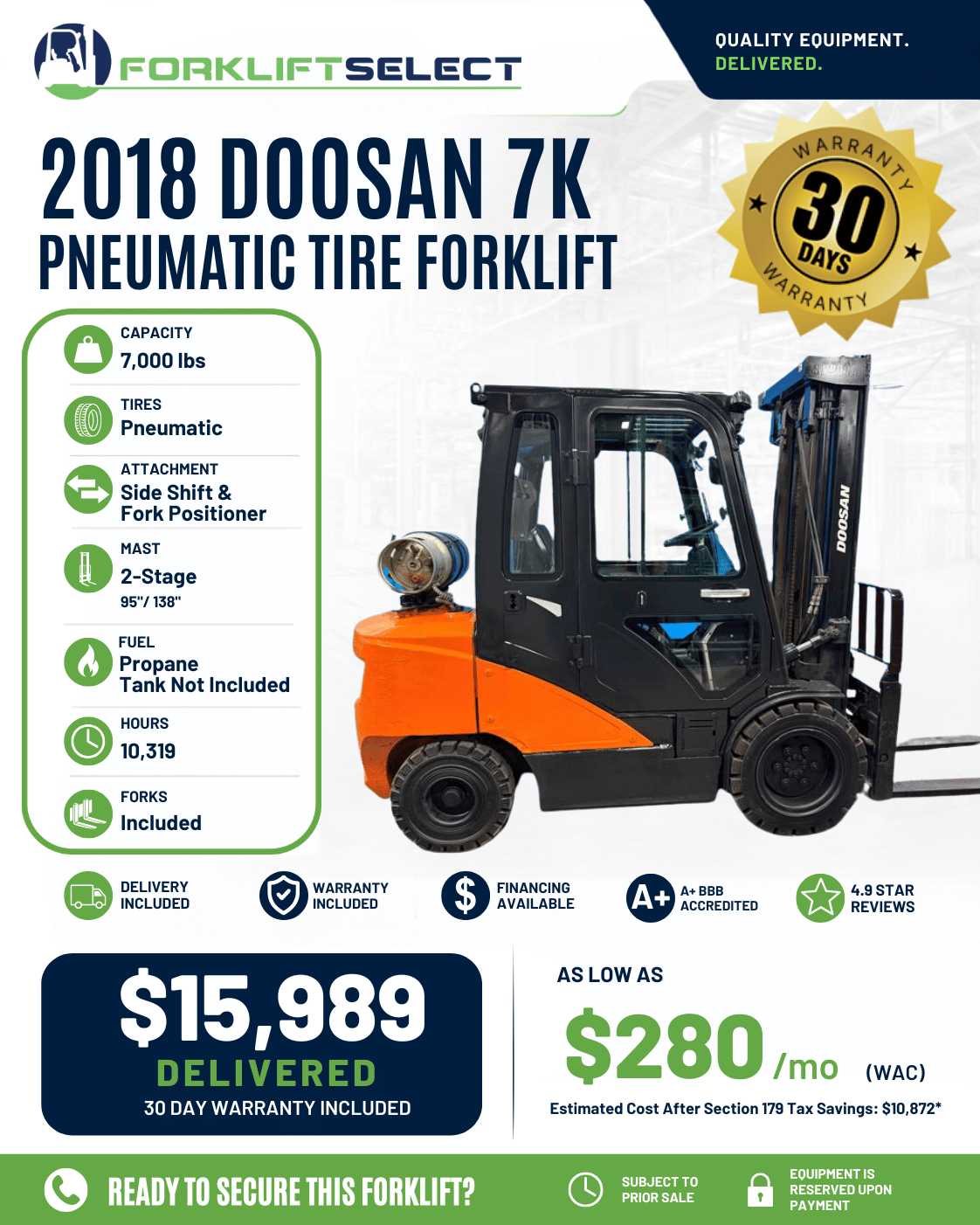 2018 Doosan 7K Pneumatic Tire Forkl...