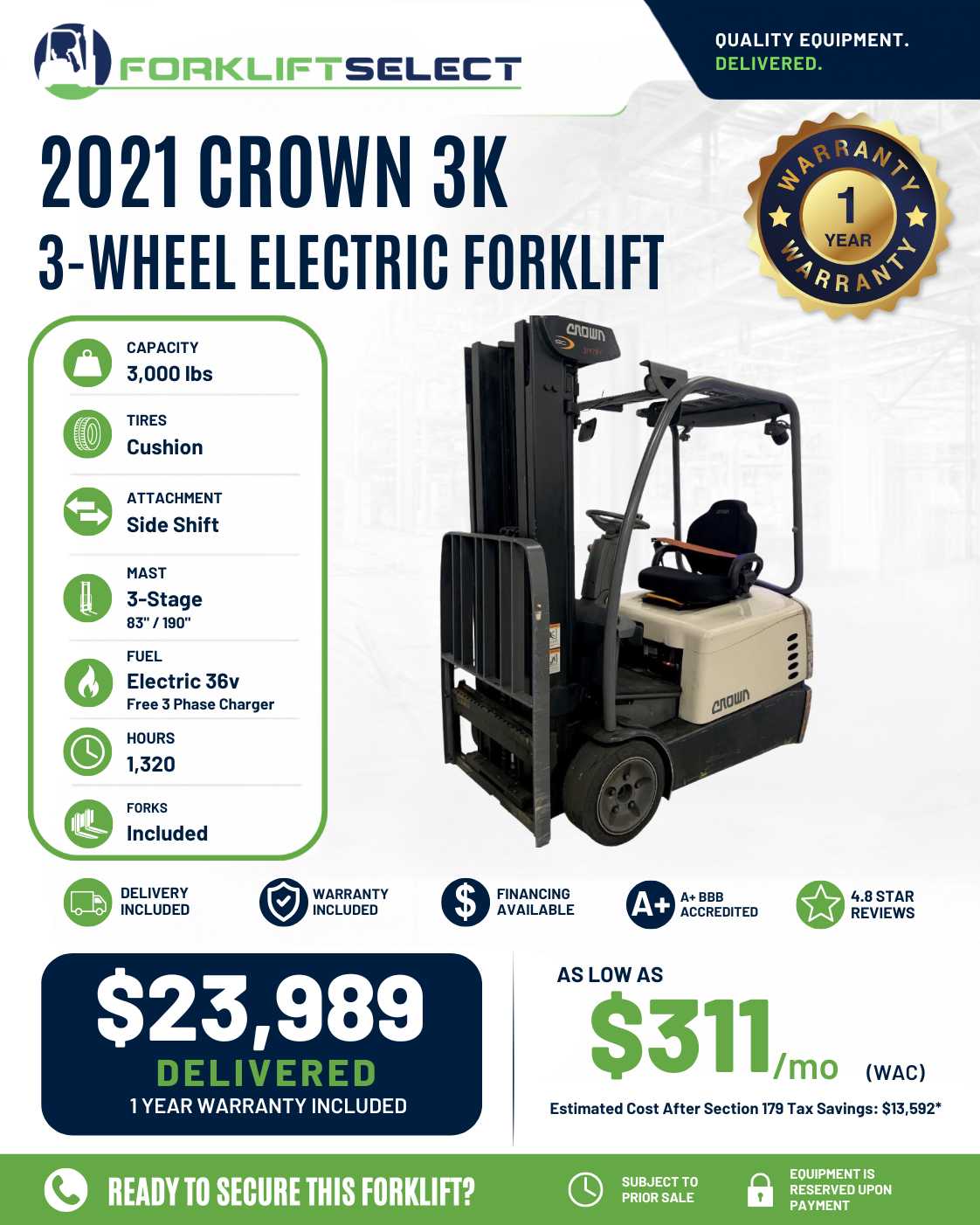 2021 Crown 3K Cushion Tire Forklift...