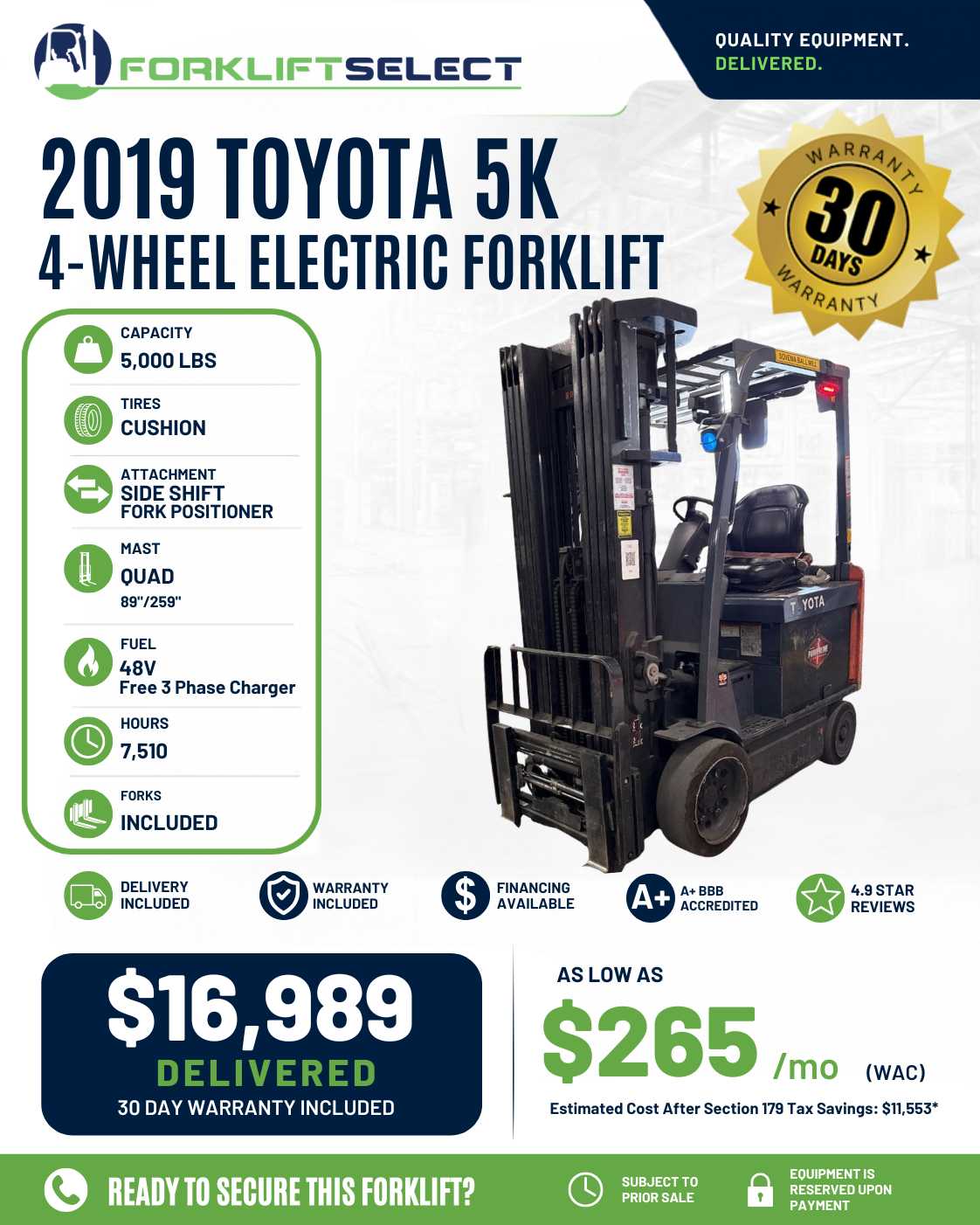 2019 Toyota 5K Cushion Tire Forklif...