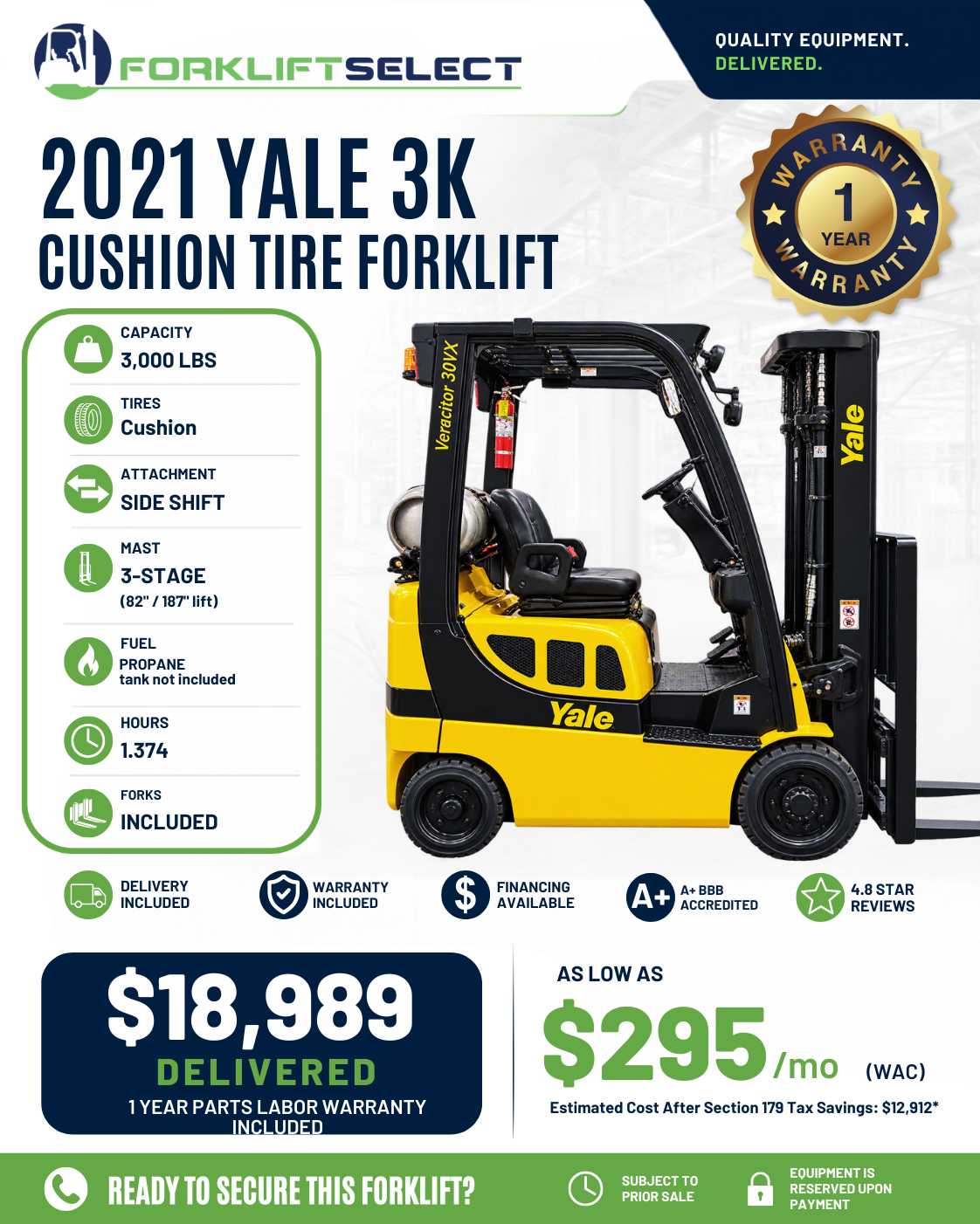 2021 Yale 3K Cushion Tire Forklift