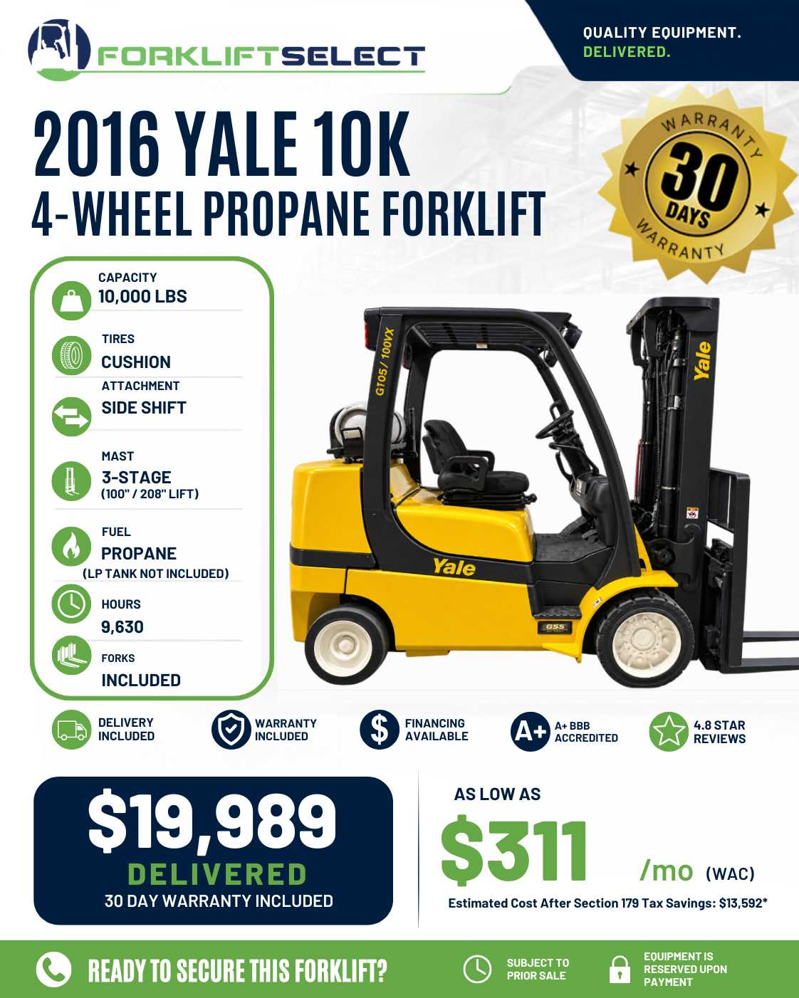 2016 Yale 10K Cushion Tire Forklift...