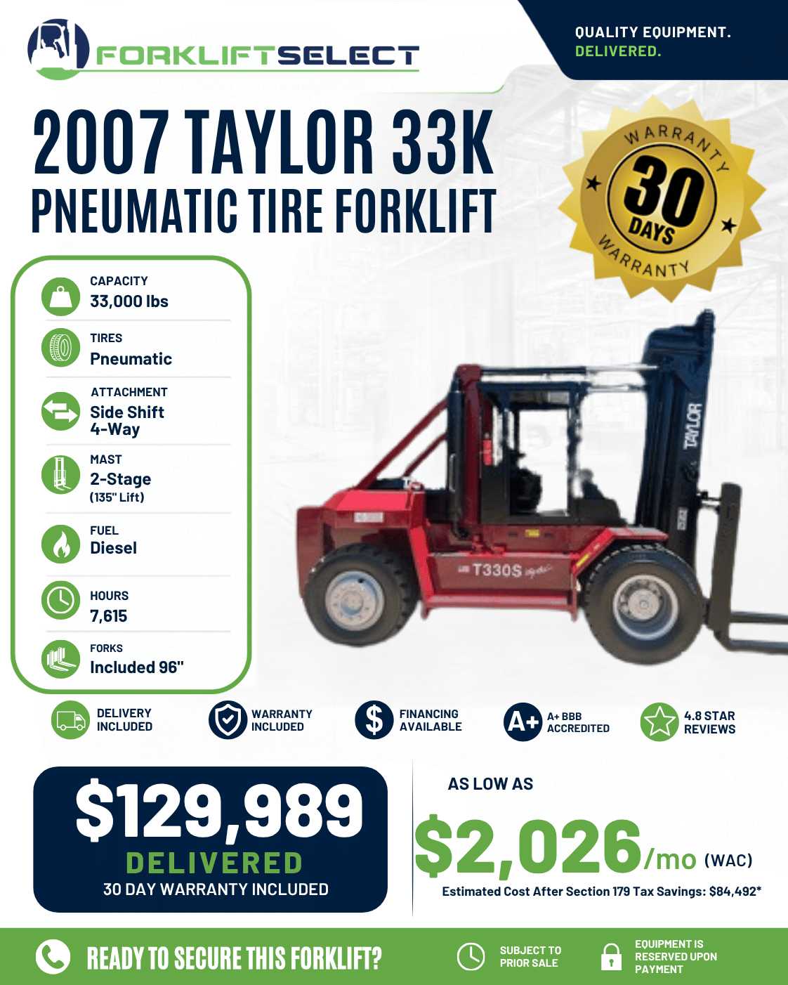 2007 Taylor 33K Pneumatic Tire Fork...