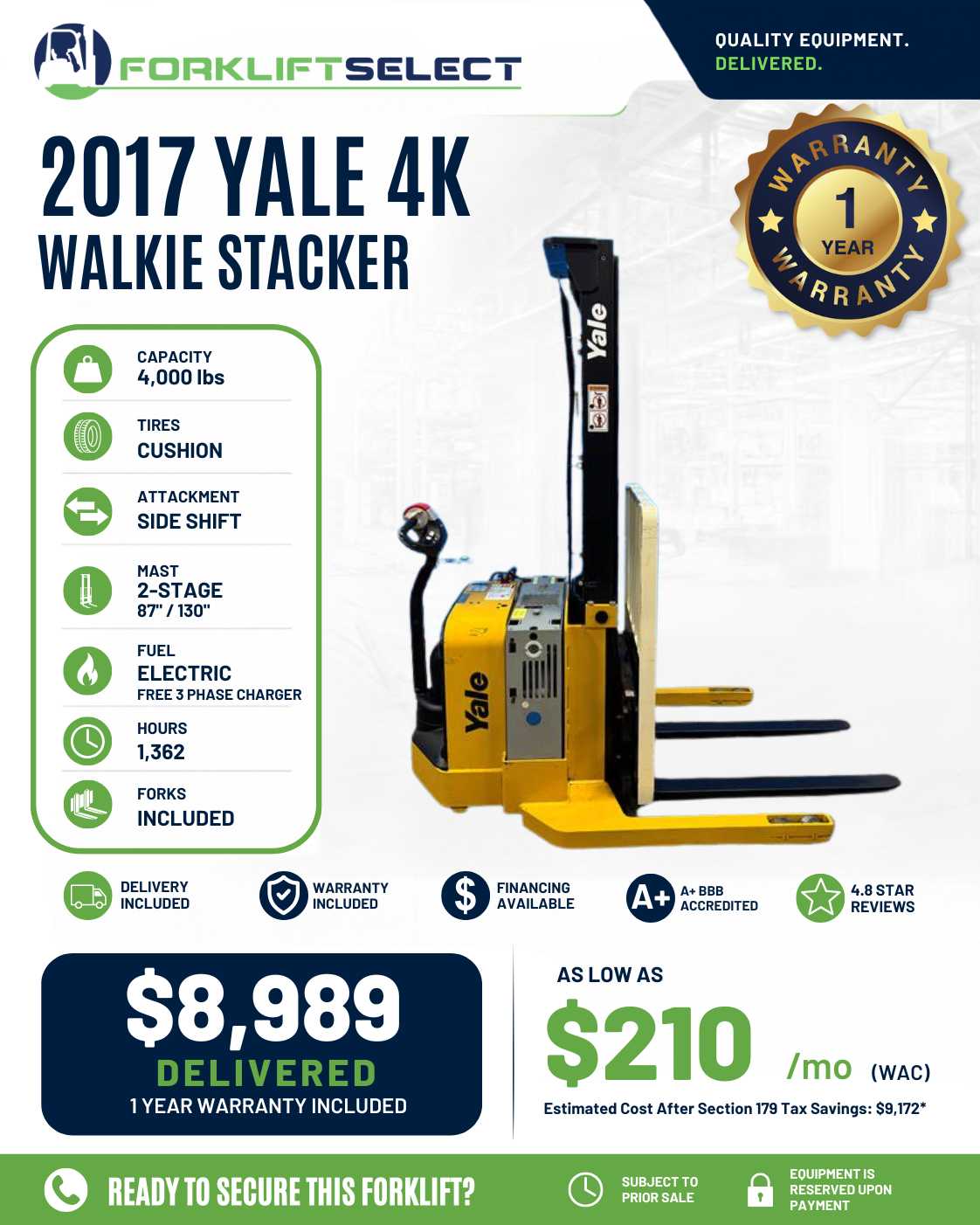 2017 Yale 4K Cushion Tire Forklift