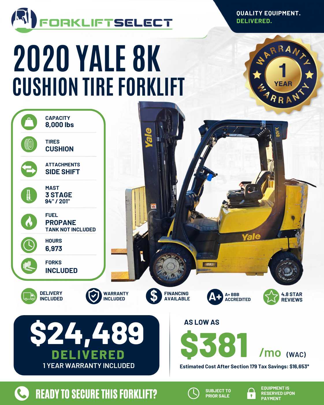 2020 Yale 8K Cushion Tire Forklift