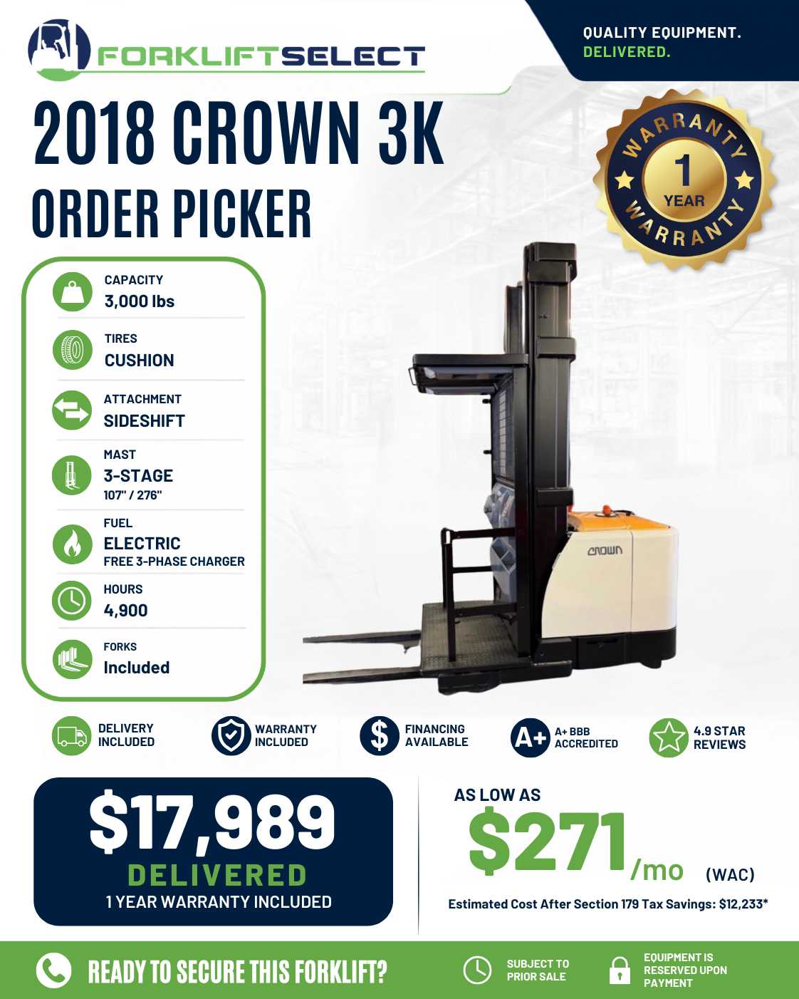 2018 Crown 3K Cushion Tire Forklift...