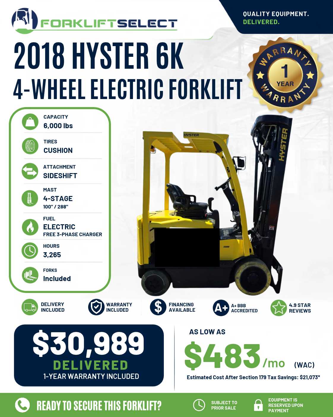 2018 Hyster 6K Cushion Tire Forklift