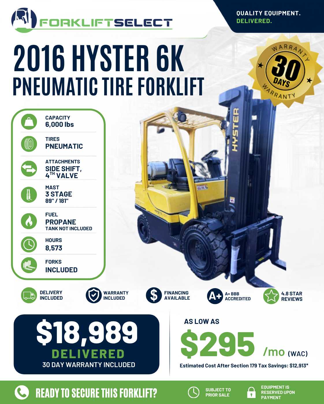 2016 Hyster 6K Pneumatic Tire Forklift