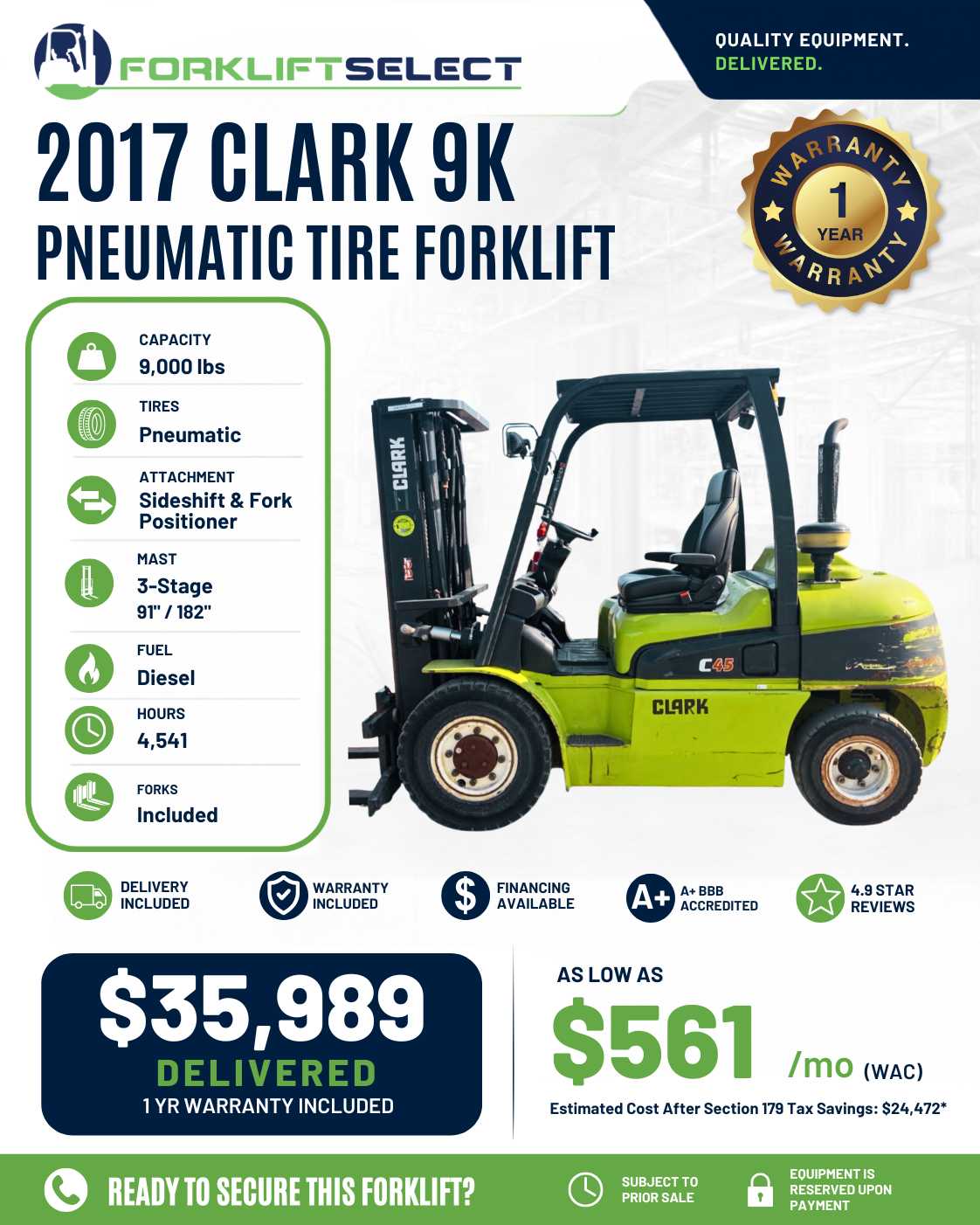 2017 Clark 9K Pneumatic Tire Forklift - 123Forklift