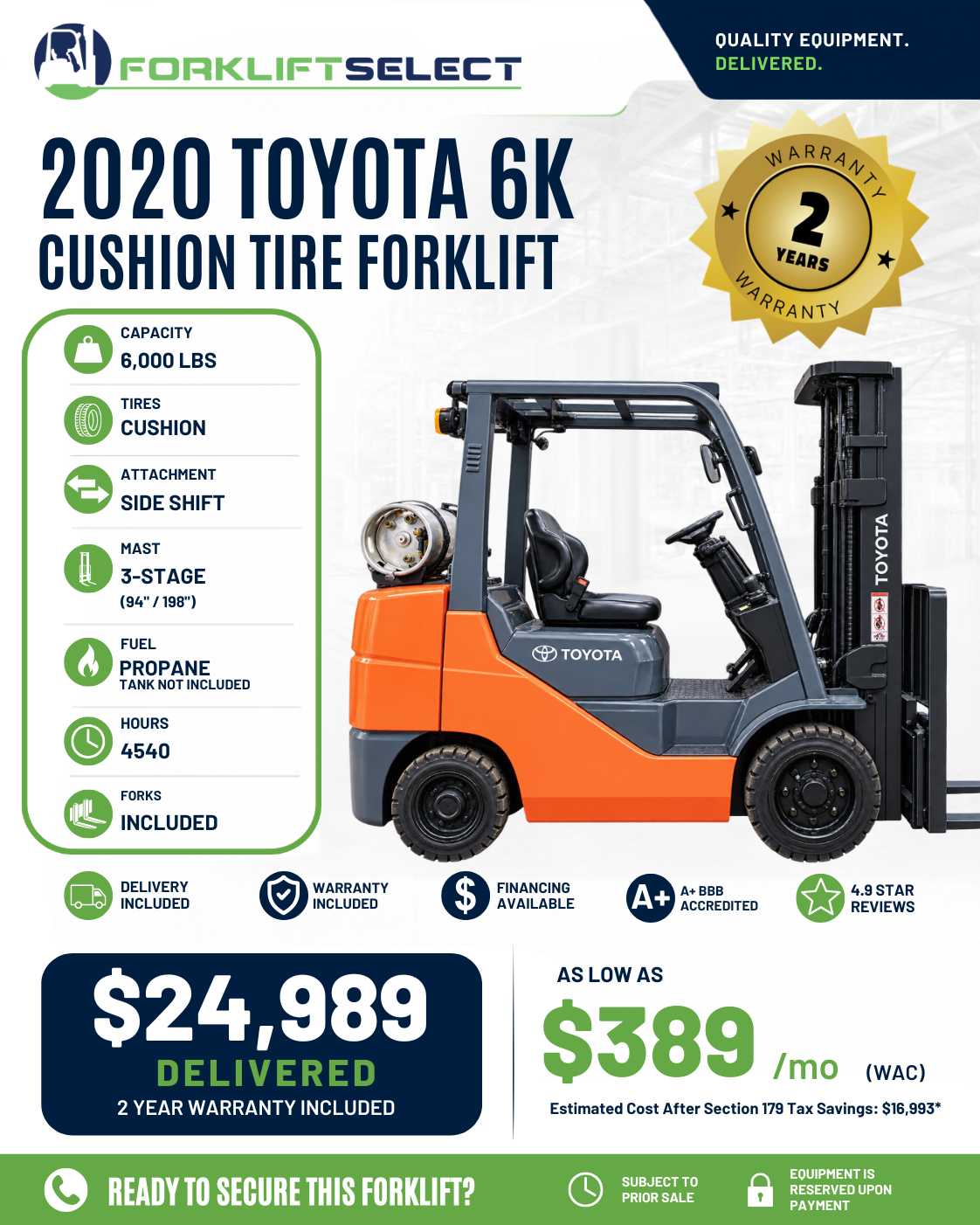 2020 Toyota 6K Cushion Tire Forklift