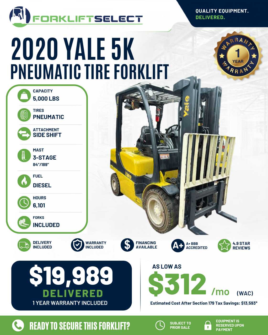 2020 Yale 5K Pneumatic Tire Forklift - 123Forklift