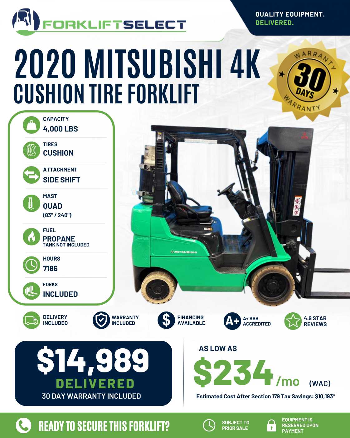 2020 Mitsubishi 4K Cushion Tire Forklift - 123Forklift