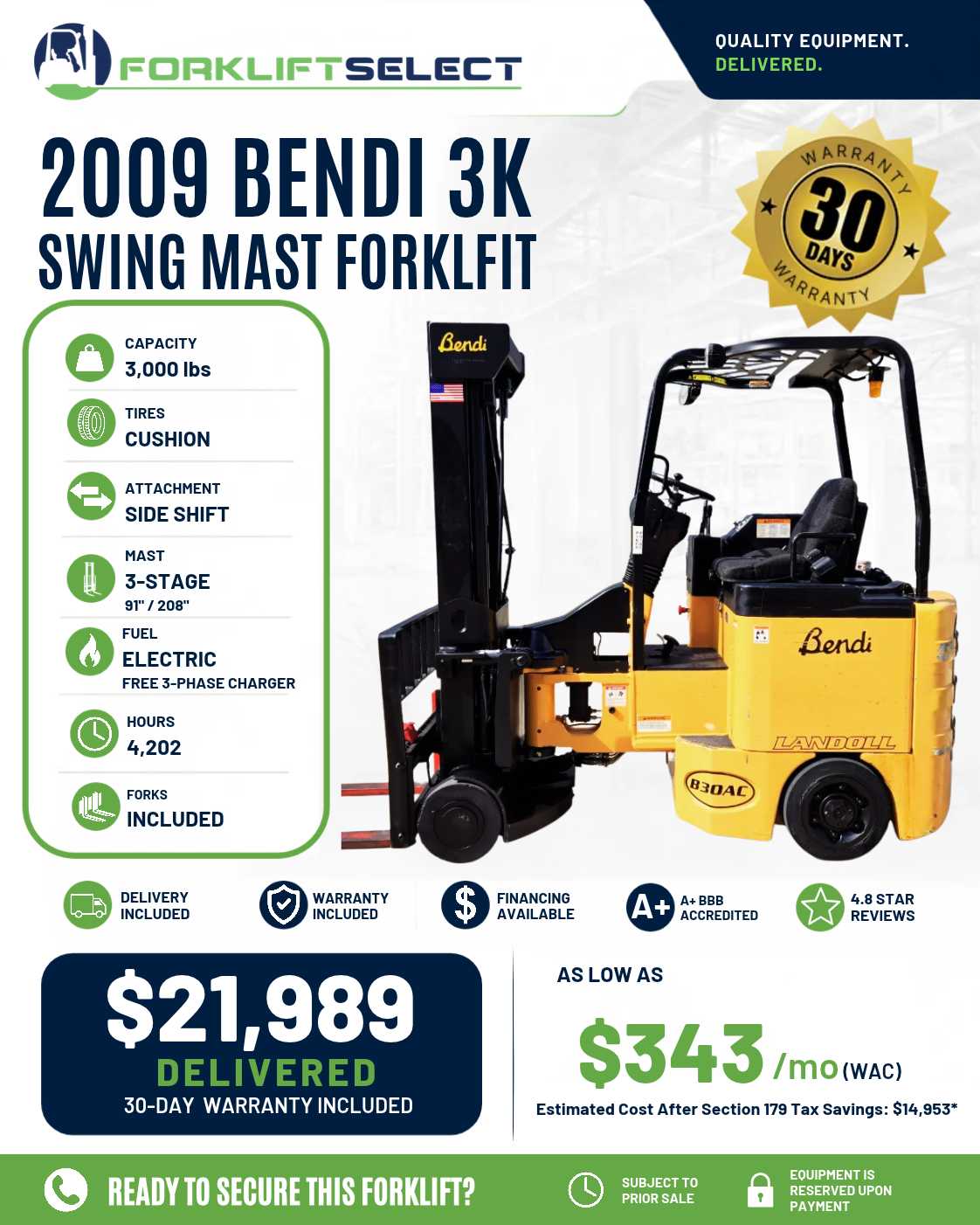 2009 Bendi 3K Cushion Tire Forklift